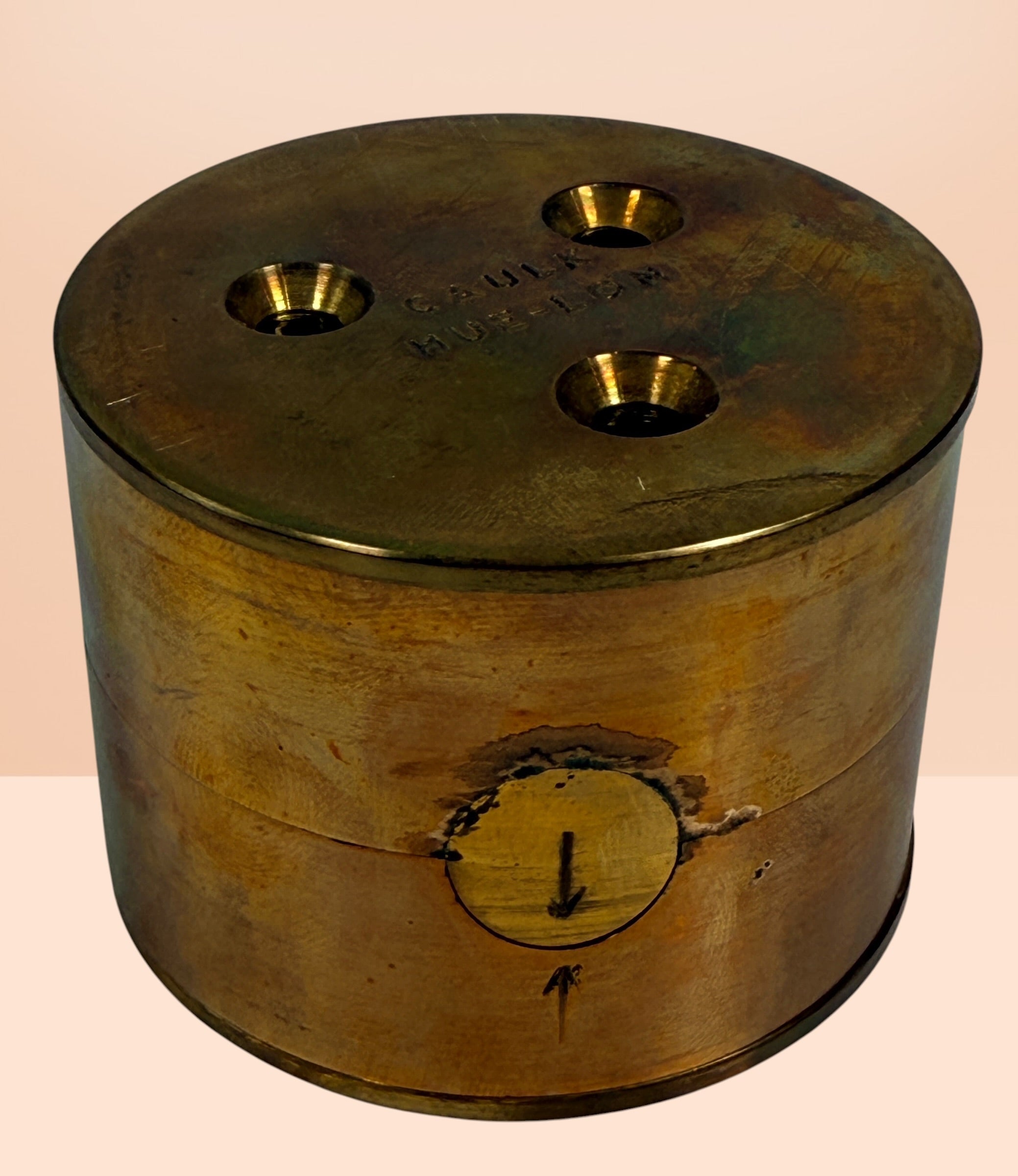 Vintage Caulk Hue-Lon dental casting flask brass mold with original box, collectible dental lab tool for crowns, bridges, and medical antique displays.