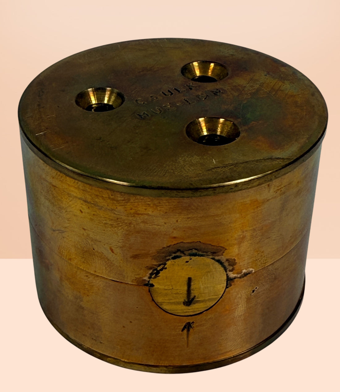 Vintage Caulk Hue-Lon dental casting flask brass mold with original box, collectible dental lab tool for crowns, bridges, and medical antique displays.