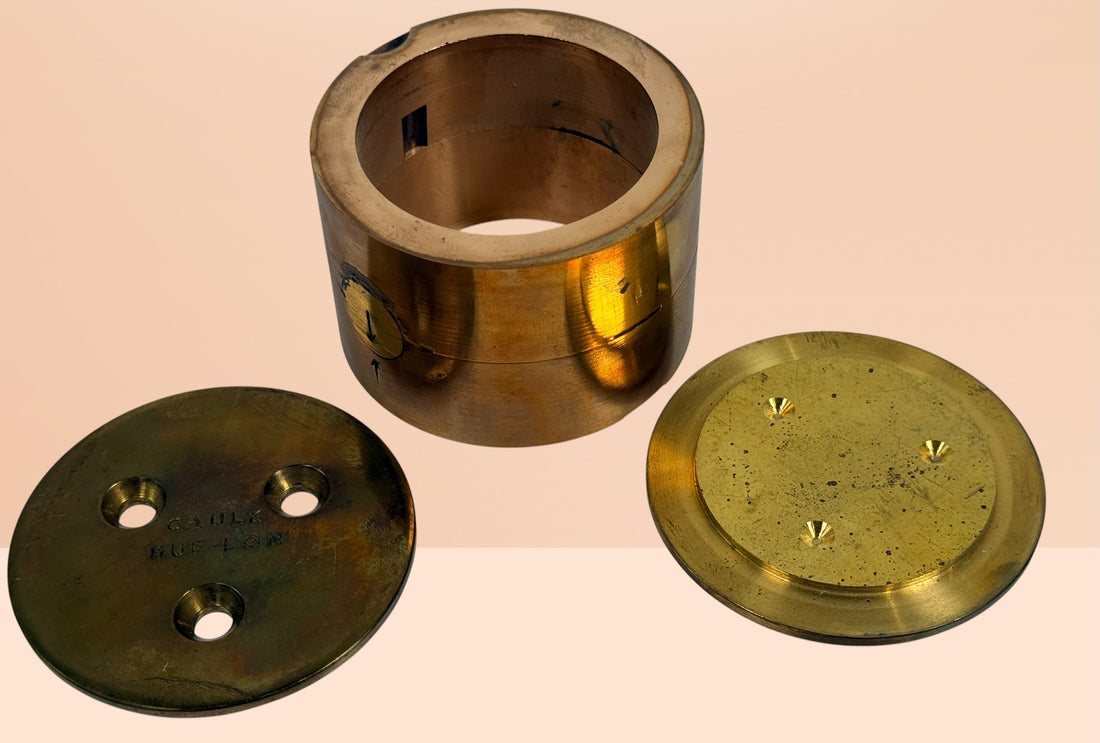 Vintage Caulk Hue-Lon dental casting flask brass mold with original box, collectible dental lab tool for crowns, bridges, and medical antique displays.