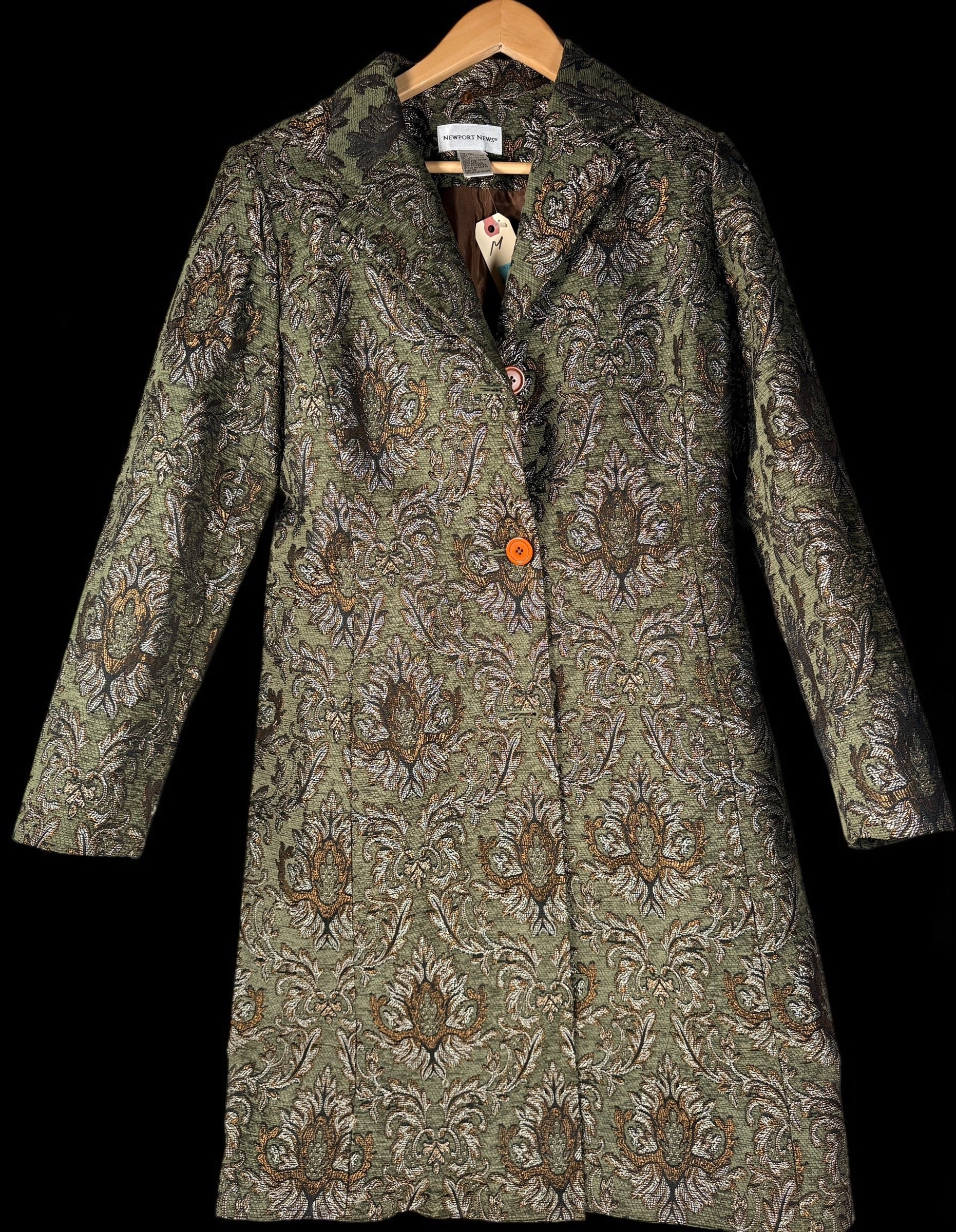 Vintage Newport News tapestry coat jacket with olive damask jacquard weave, metallic threading, and longline 90s statement silhouette