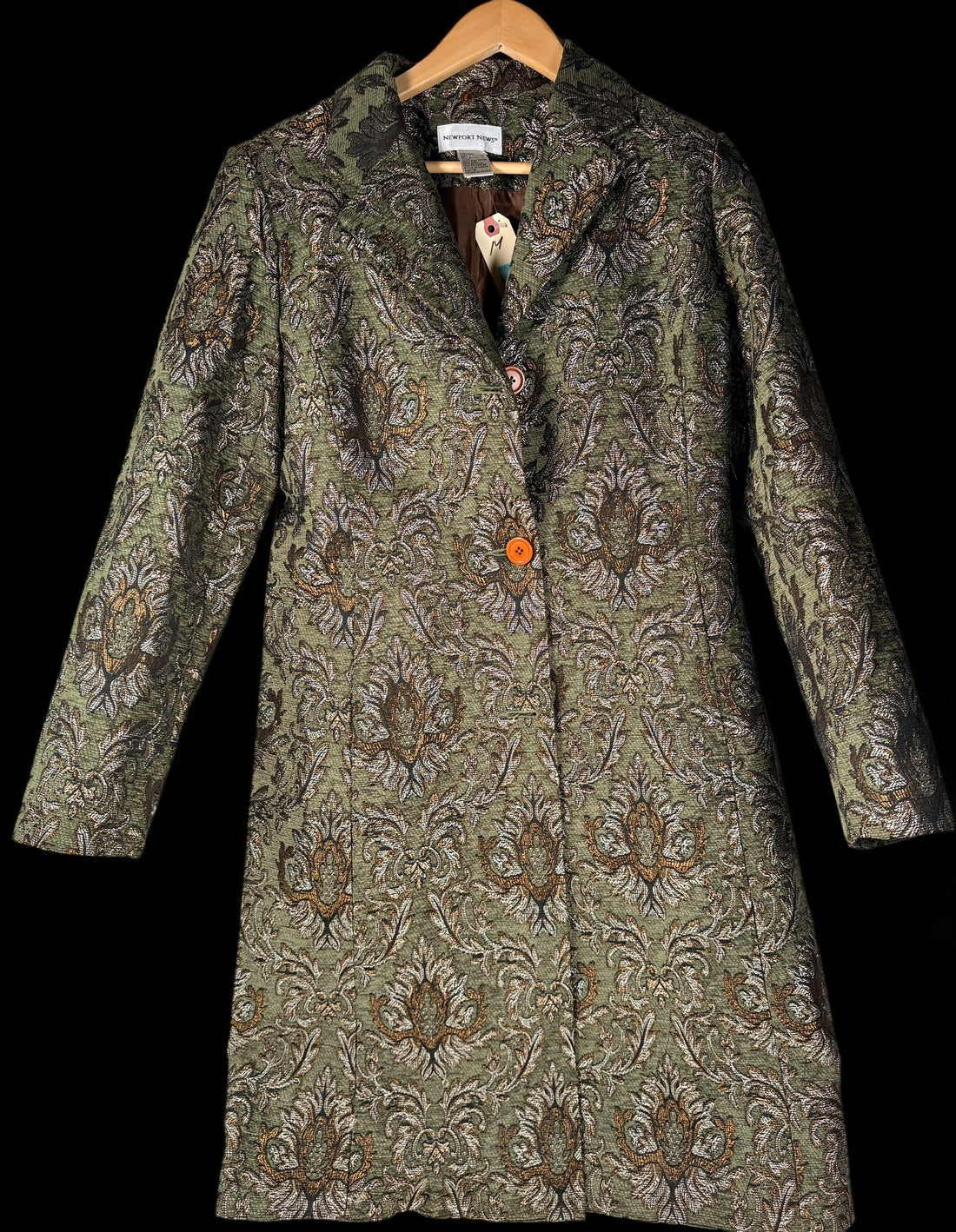 Vintage Newport News tapestry coat jacket with olive damask jacquard weave, metallic threading, and longline 90s statement silhouette
