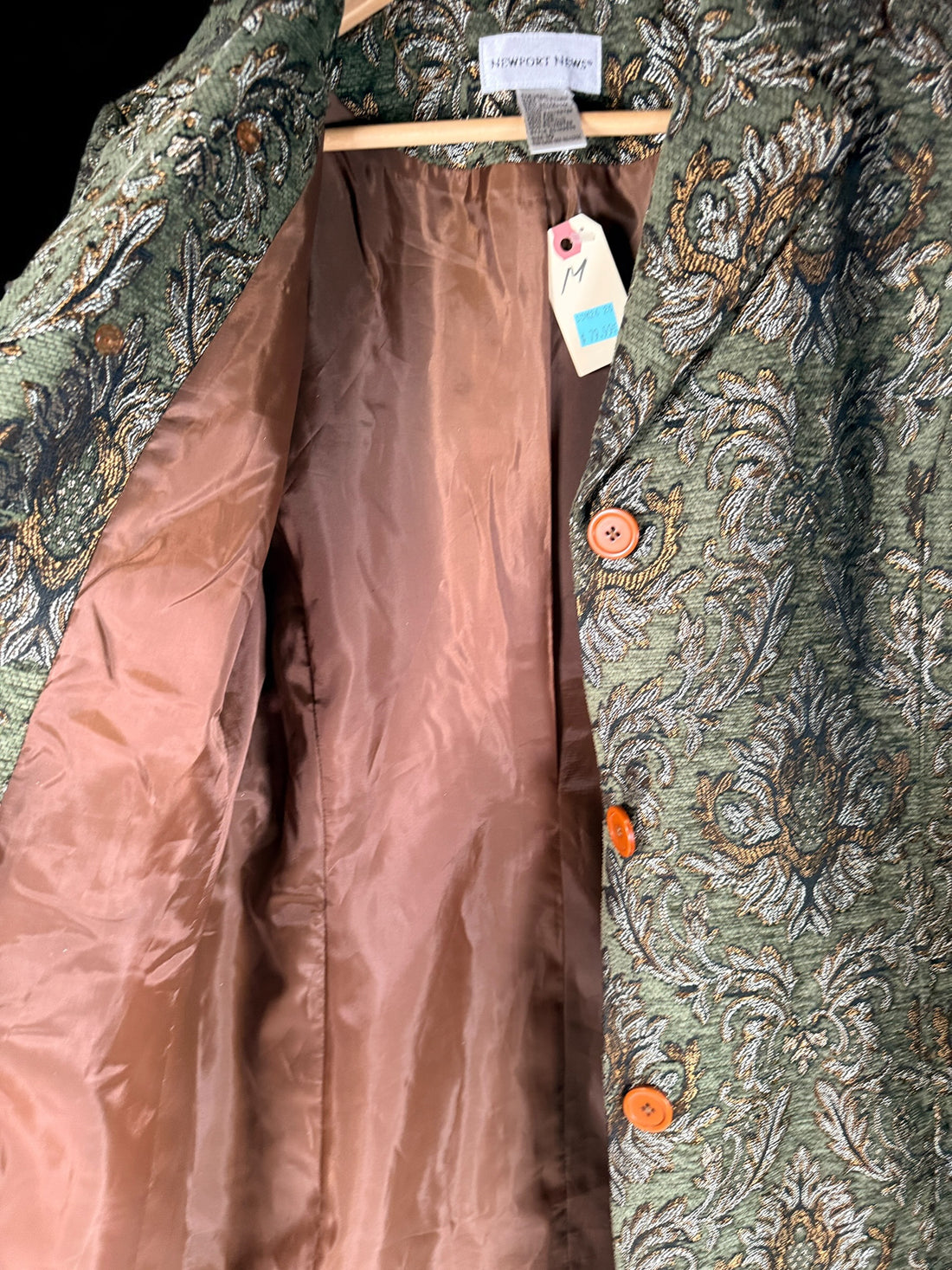 Vintage Newport News tapestry coat jacket with olive damask jacquard weave, metallic threading, and longline 90s statement silhouette