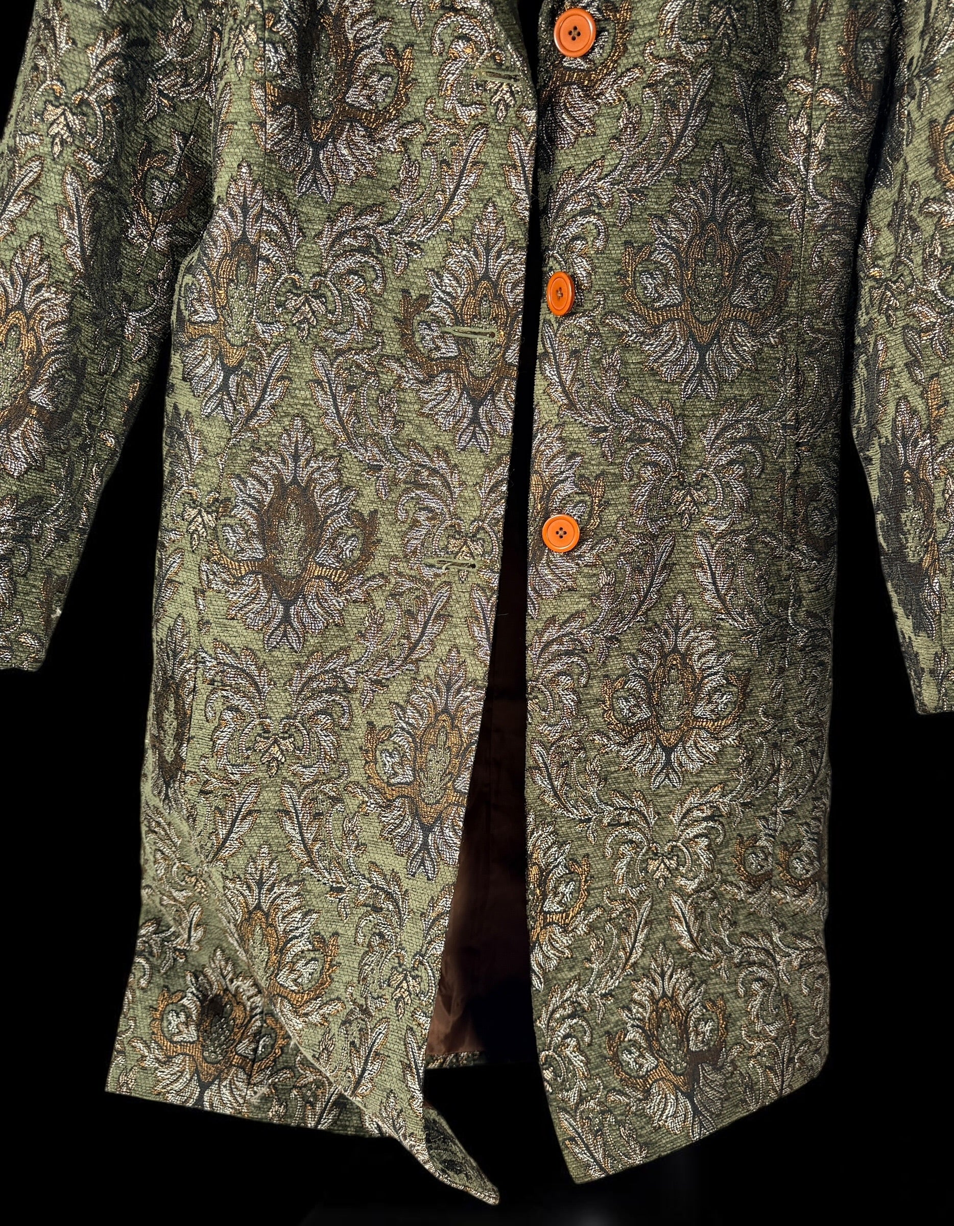 Vintage Newport News tapestry coat jacket with olive damask jacquard weave, metallic threading, and longline 90s statement silhouette
