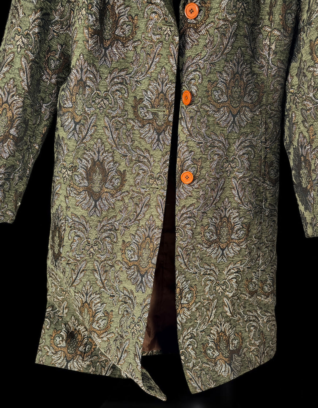 Vintage Newport News tapestry coat jacket with olive damask jacquard weave, metallic threading, and longline 90s statement silhouette