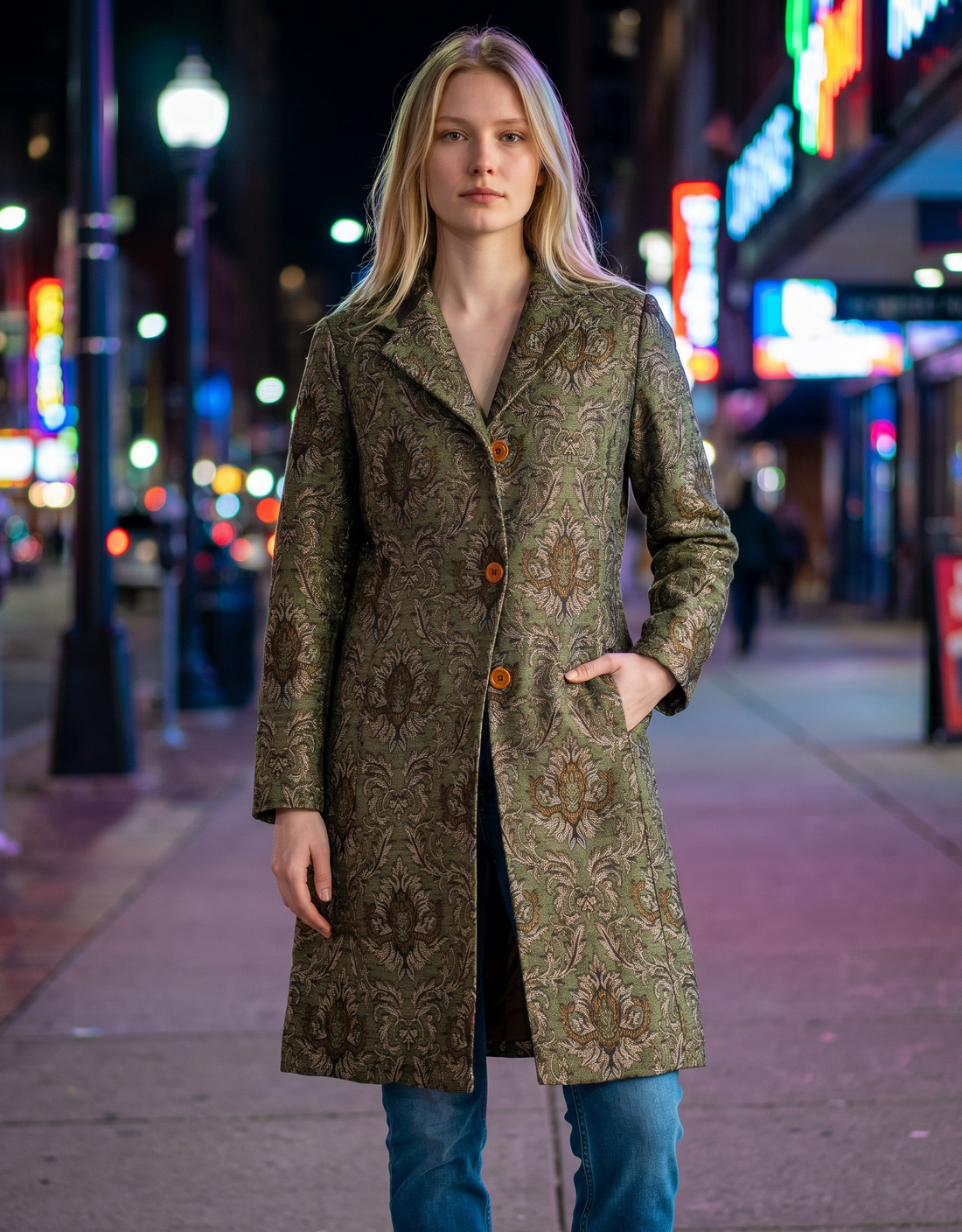 Vintage Newport News tapestry coat jacket with olive damask jacquard weave, metallic threading, and longline 90s statement silhouette