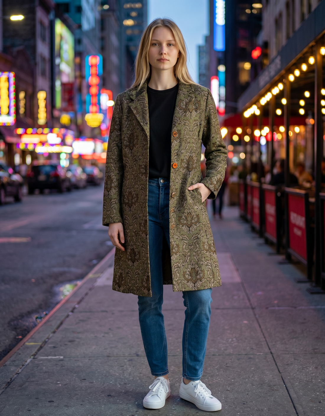 Vintage Newport News tapestry coat jacket with olive damask jacquard weave, metallic threading, and longline 90s statement silhouette