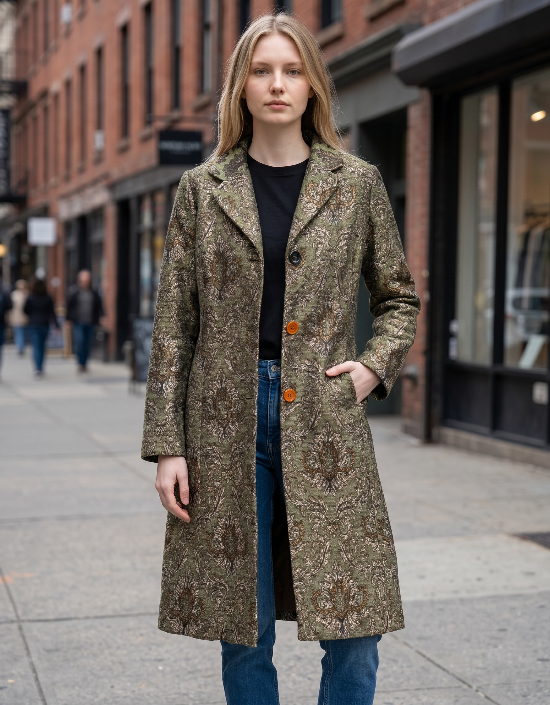 Vintage Newport News tapestry coat jacket with olive damask jacquard weave, metallic threading, and longline 90s statement silhouette