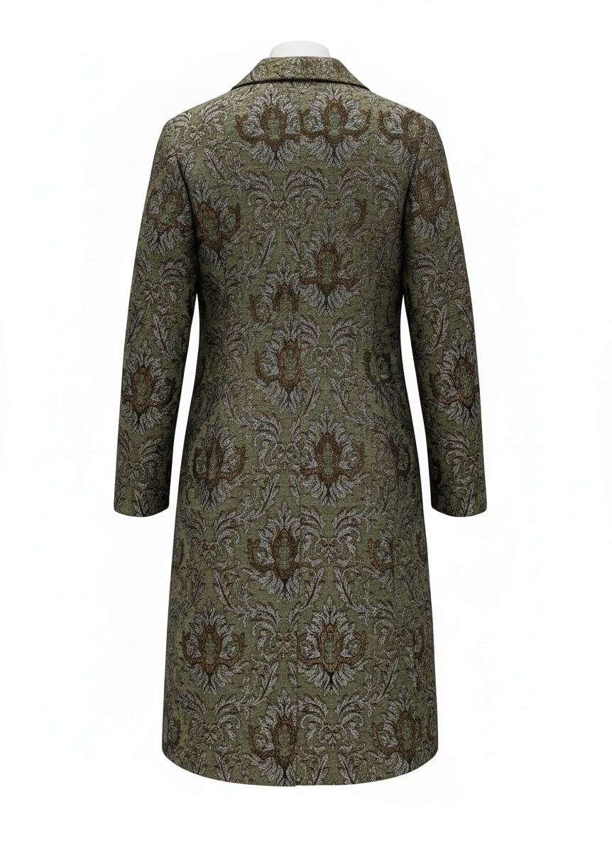 Vintage Newport News tapestry coat jacket with olive damask jacquard weave, metallic threading, and longline 90s statement silhouette