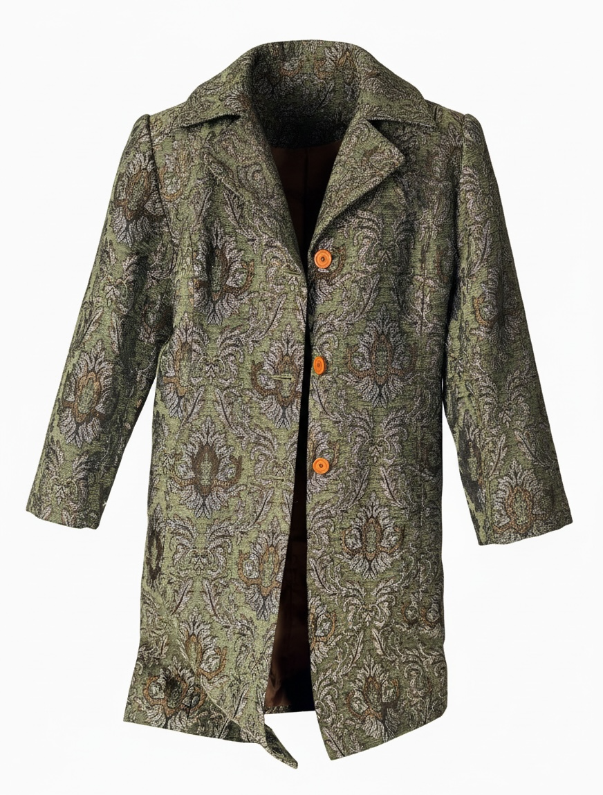 Vintage Newport News tapestry coat jacket with olive damask jacquard weave, metallic threading, and longline 90s statement silhouette