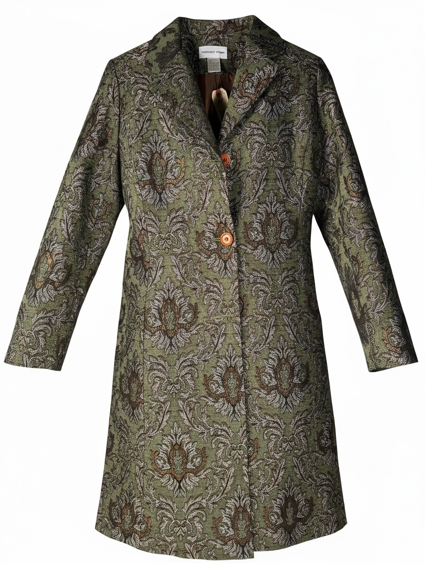 Vintage Newport News tapestry coat jacket with olive damask jacquard weave, metallic threading, and longline 90s statement silhouette