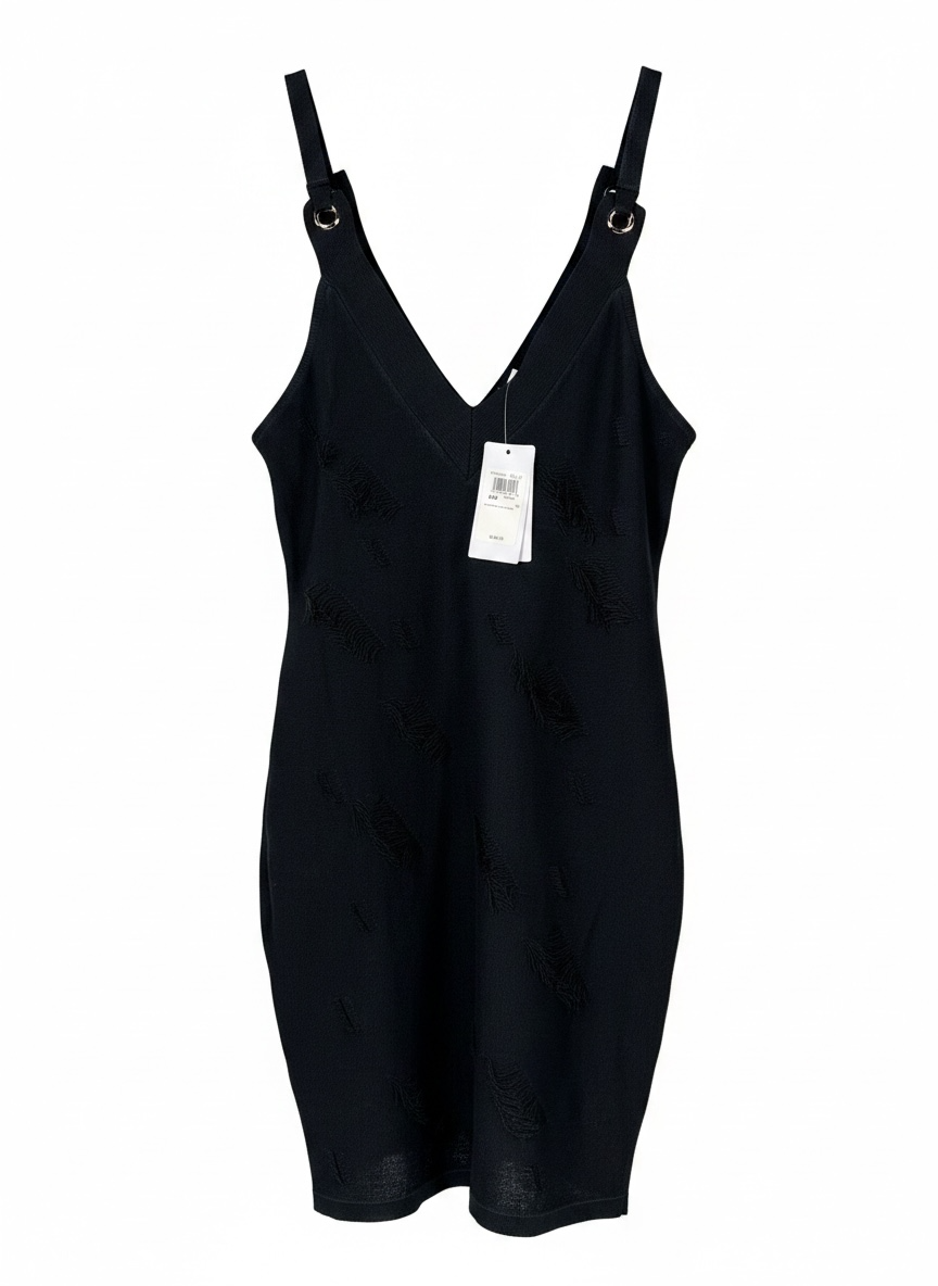 GUESS black fringe stitch bodycon dress size medium with hardware straps, new with tags contemporary edgy fashion style.