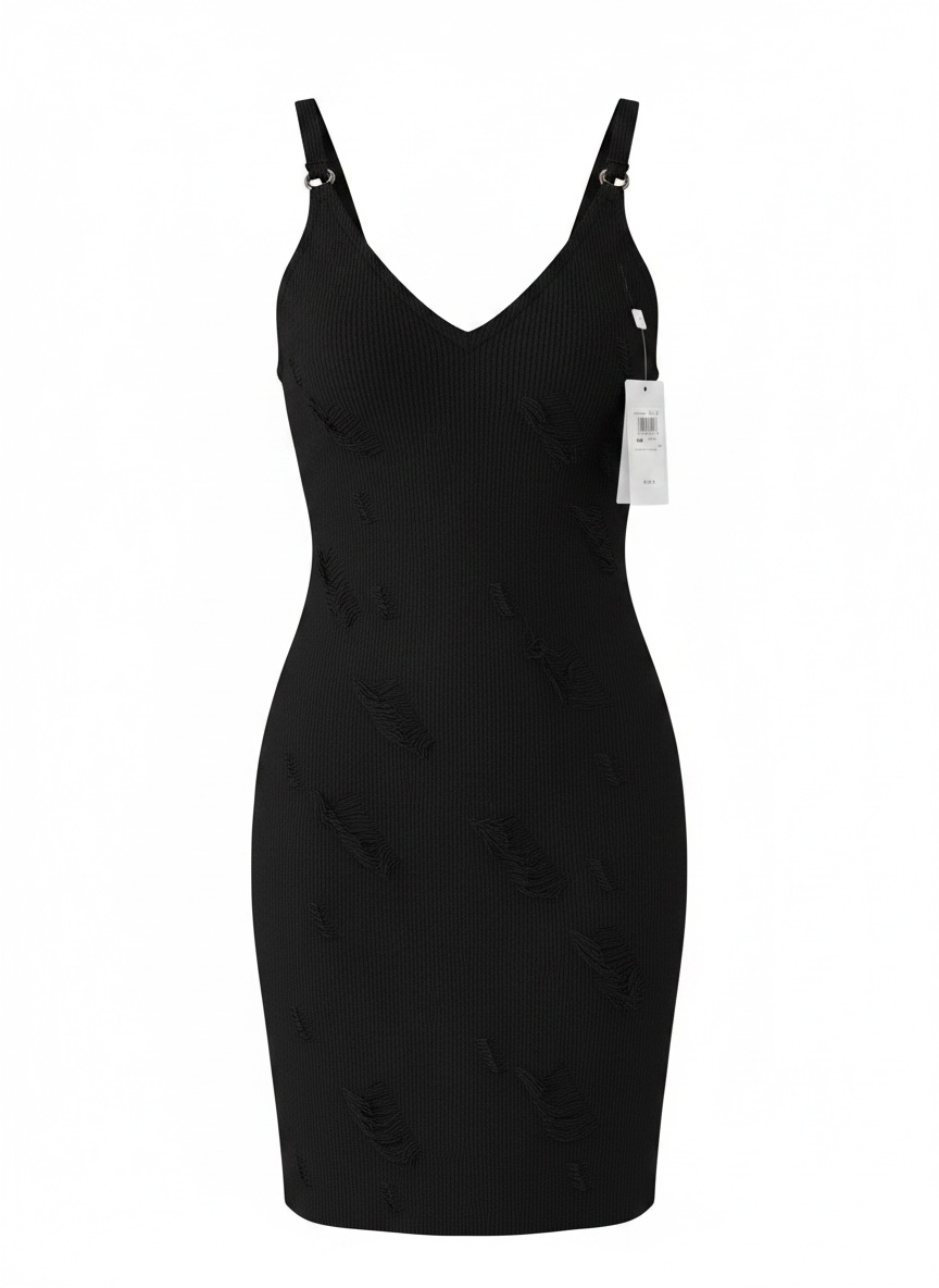 GUESS black fringe stitch bodycon dress size medium with hardware straps, new with tags contemporary edgy fashion style.