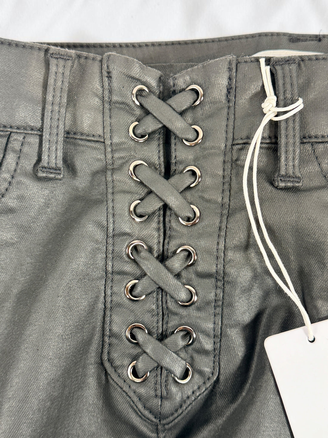 GUESS Lace-Up Coated Skinny Pants, Black Noir Gemstone Wash, Size 29.