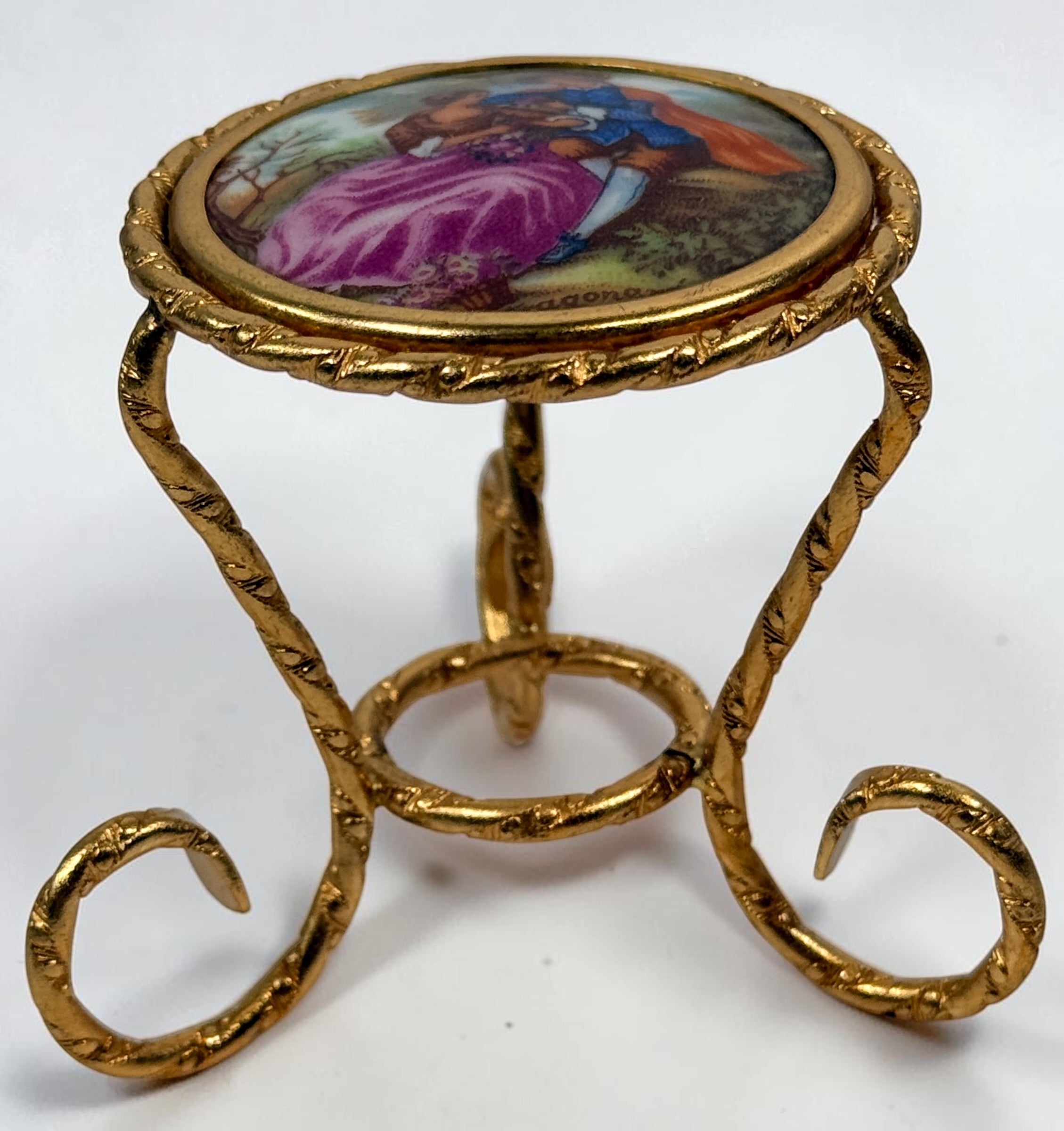 Vintage Limoges France miniature porcelain salon set with gilt metal chairs and table. Elegant French collectible featuring hand-painted romantic scenes.