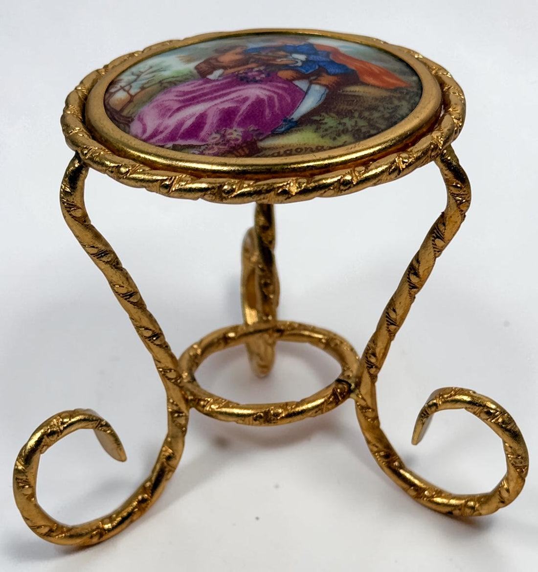 Vintage Limoges France miniature porcelain salon set with gilt metal chairs and table. Elegant French collectible featuring hand-painted romantic scenes.