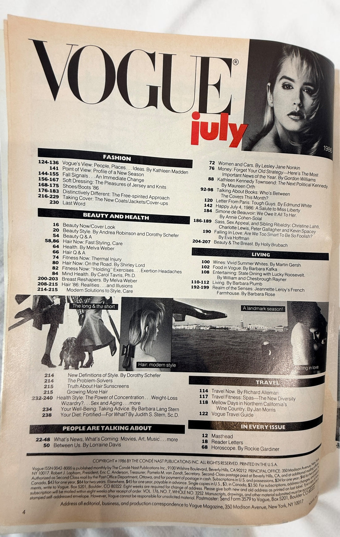 Vintage Vogue Magazine July 1986 fashion issue featuring Fall Signals, beauty trends, lifestyle articles and classic 1980s Vogue editorial content.