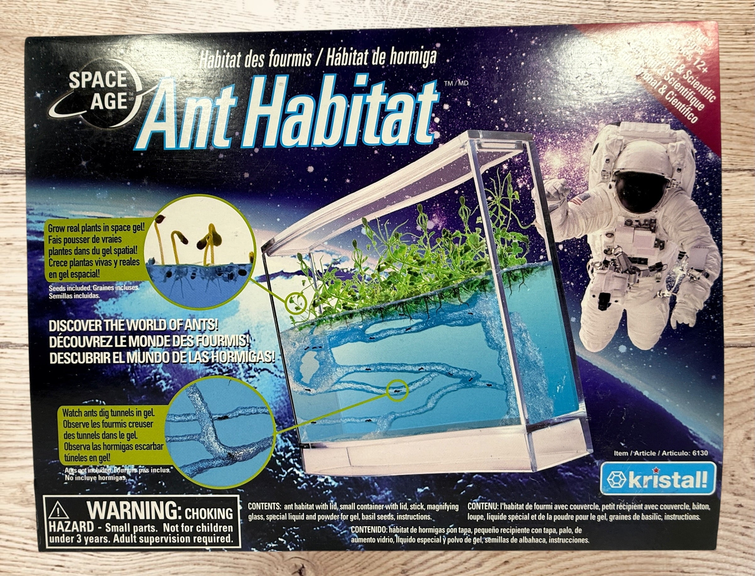 Complete Space Age Ant Habitat science kit by Kristall. Open box educational STEM ant farm set with original packaging, instructions, and accessories.