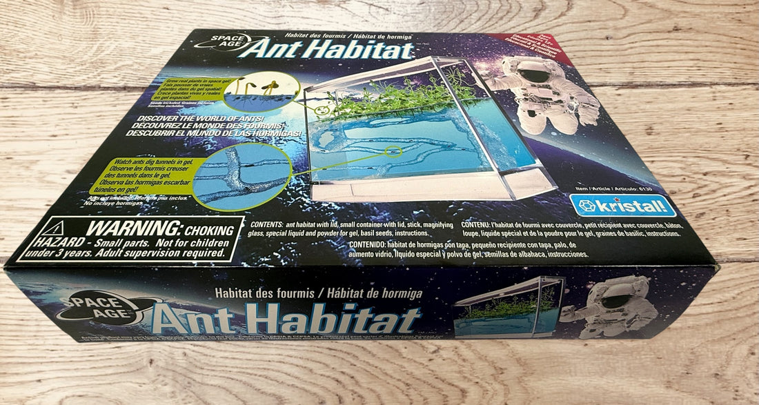 Complete Space Age Ant Habitat science kit by Kristall. Open box educational STEM ant farm set with original packaging, instructions, and accessories.