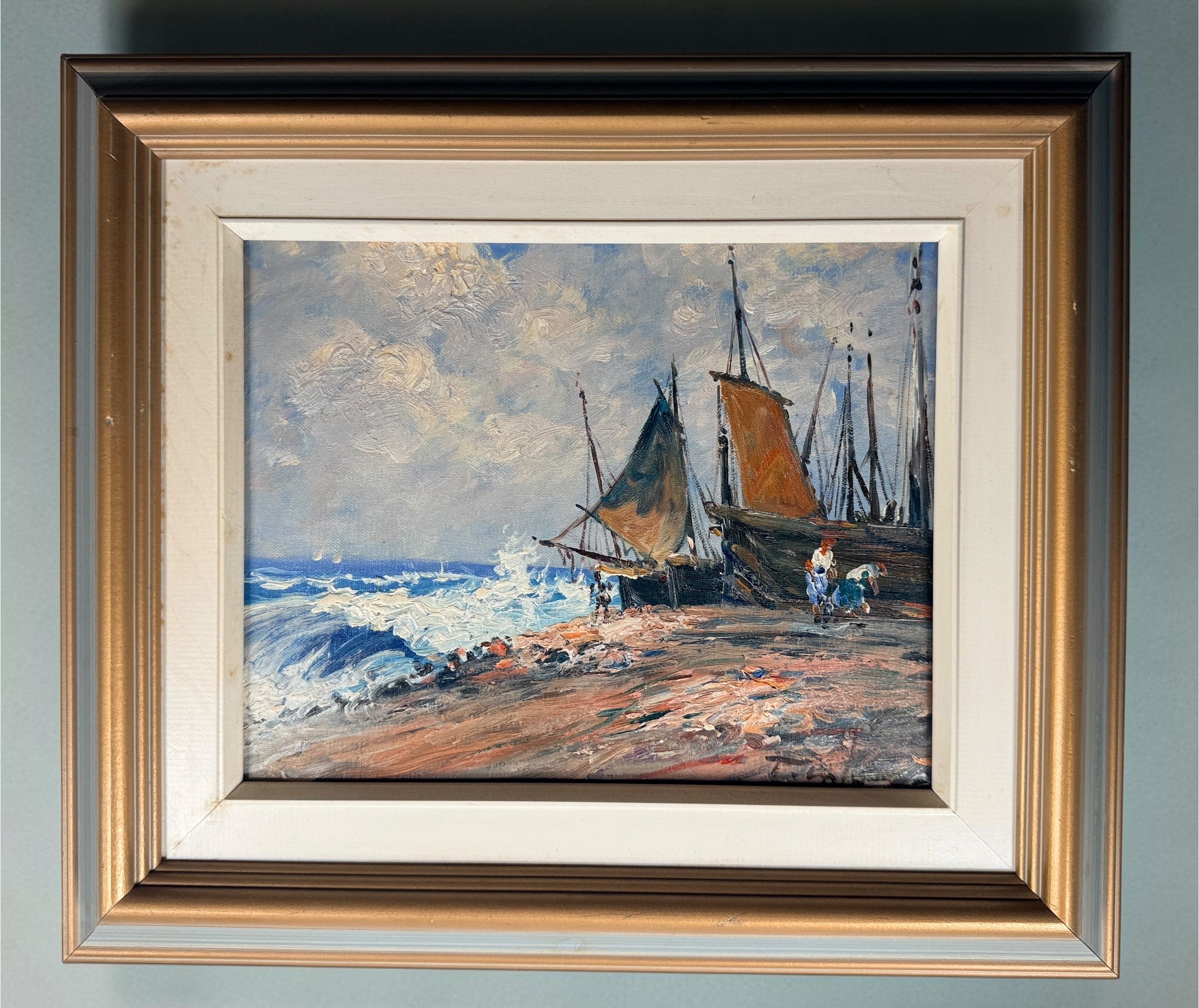 Tableau Peinture à l'Huile Port Maritime Vintage, Paysage Marin Empâté, Encadré.