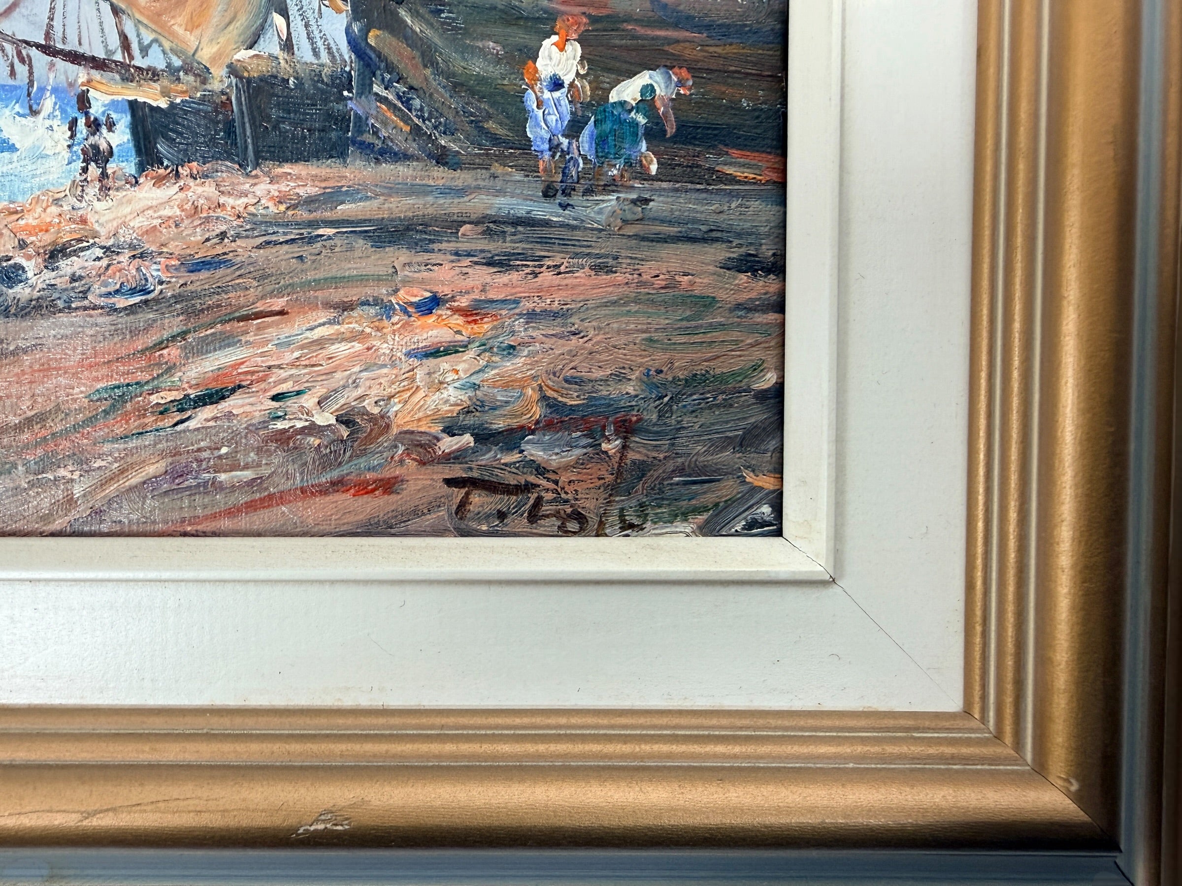Tableau Peinture à l'Huile Port Maritime Vintage, Paysage Marin Empâté, Encadré.