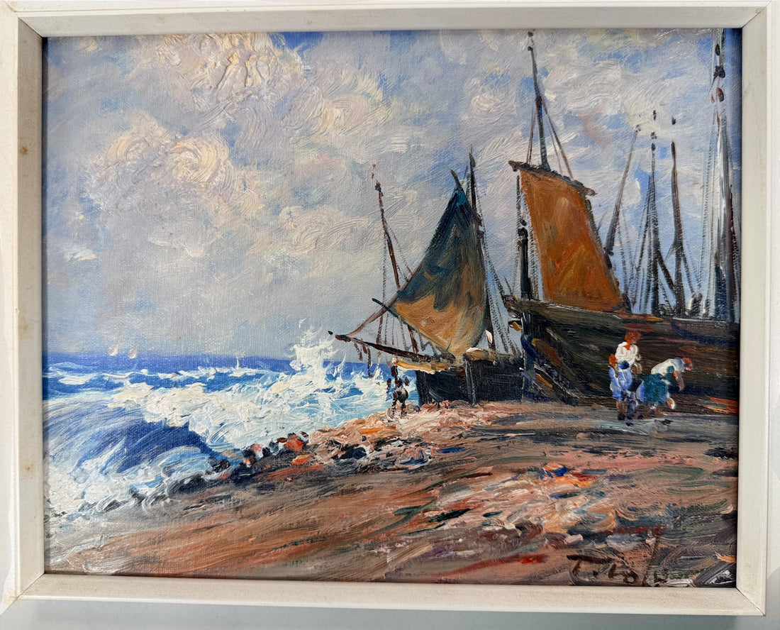 Tableau Peinture à l'Huile Port Maritime Vintage, Paysage Marin Empâté, Encadré.