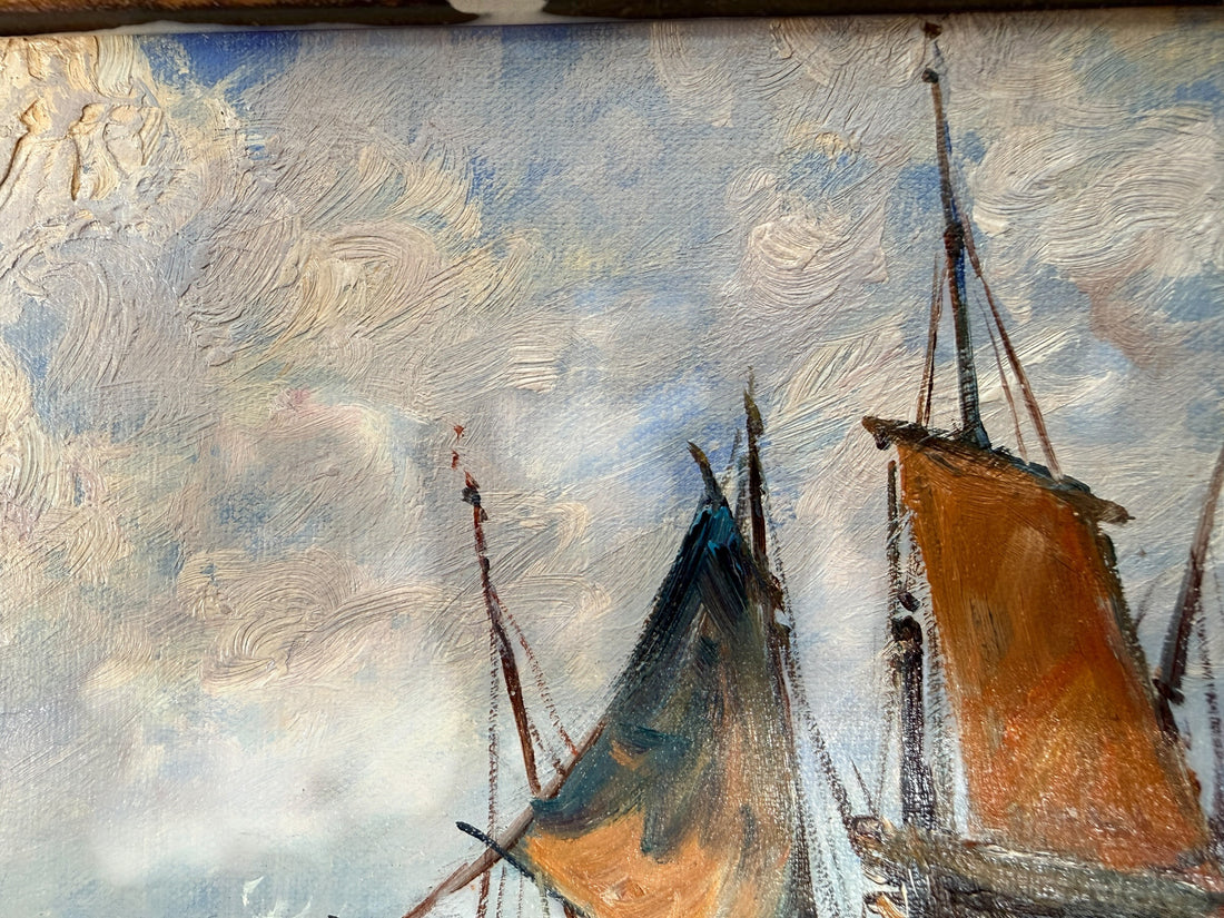 Tableau Peinture à l'Huile Port Maritime Vintage, Paysage Marin Empâté, Encadré.