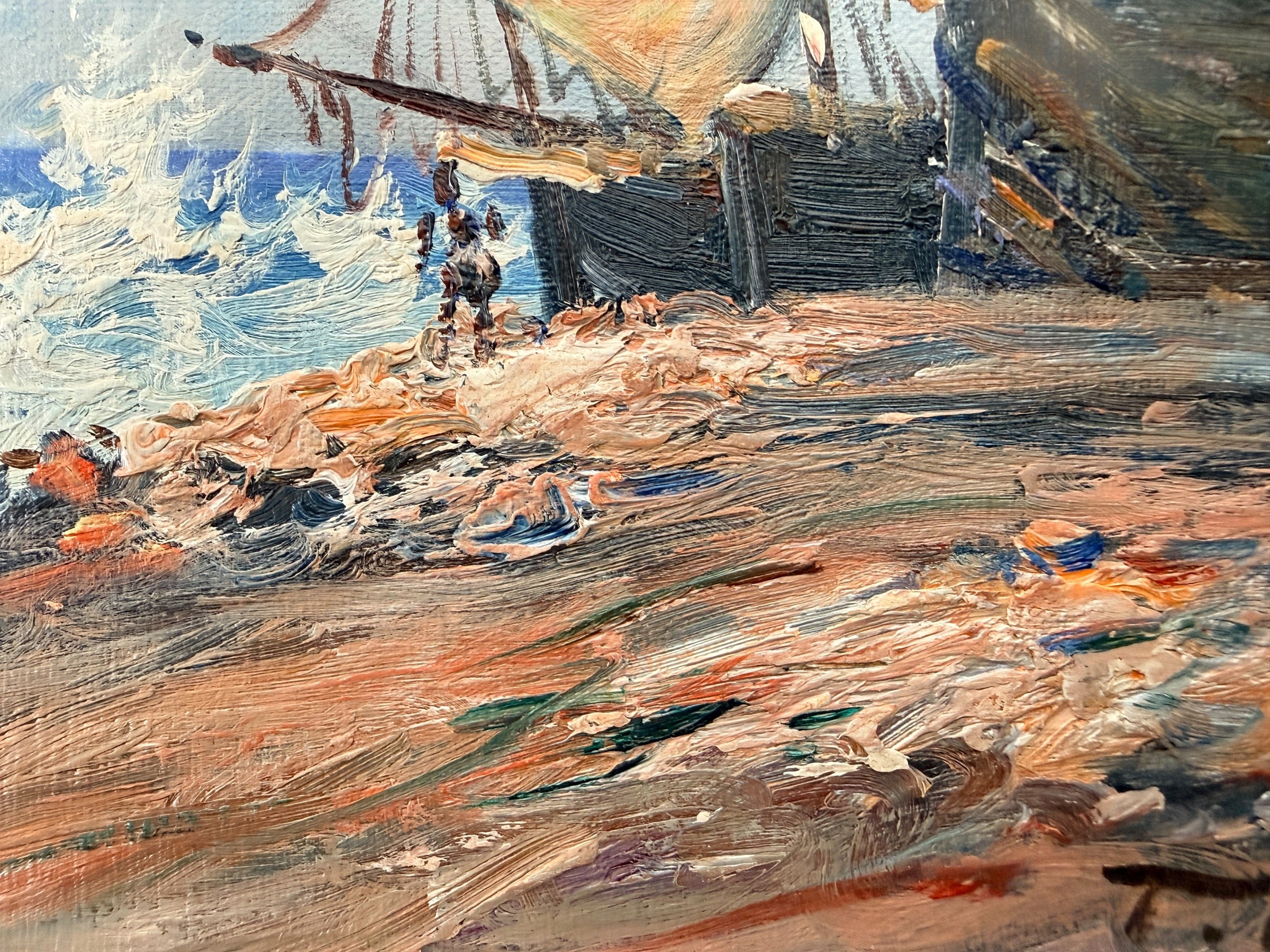 Tableau Peinture à l'Huile Port Maritime Vintage, Paysage Marin Empâté, Encadré.
