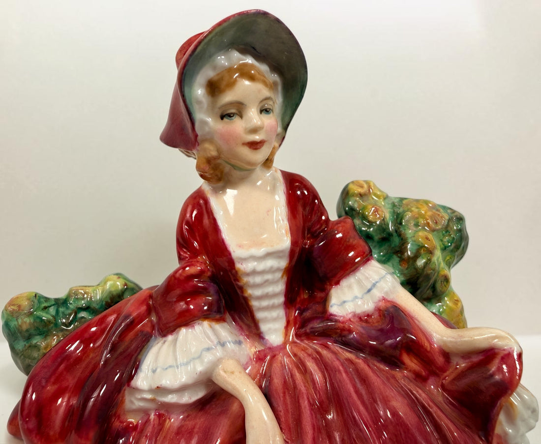 Vintage Royal Doulton Lydia HN1908 figurine by Leslie Harradine. English bone china lady figure in red dress, collectible decorative porcelain.