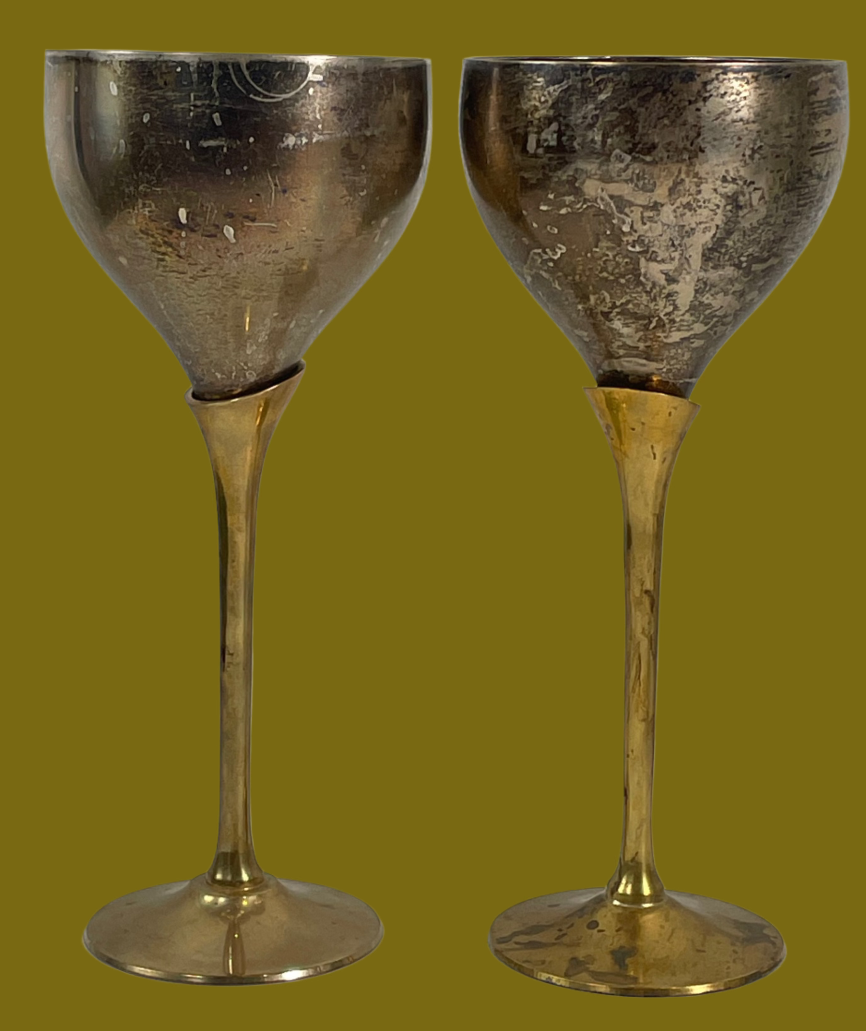 Vintage Brass Goblets – Silver & Yellow Two-Tone – India – Wedding Décor – Set of 2 – EP Brass