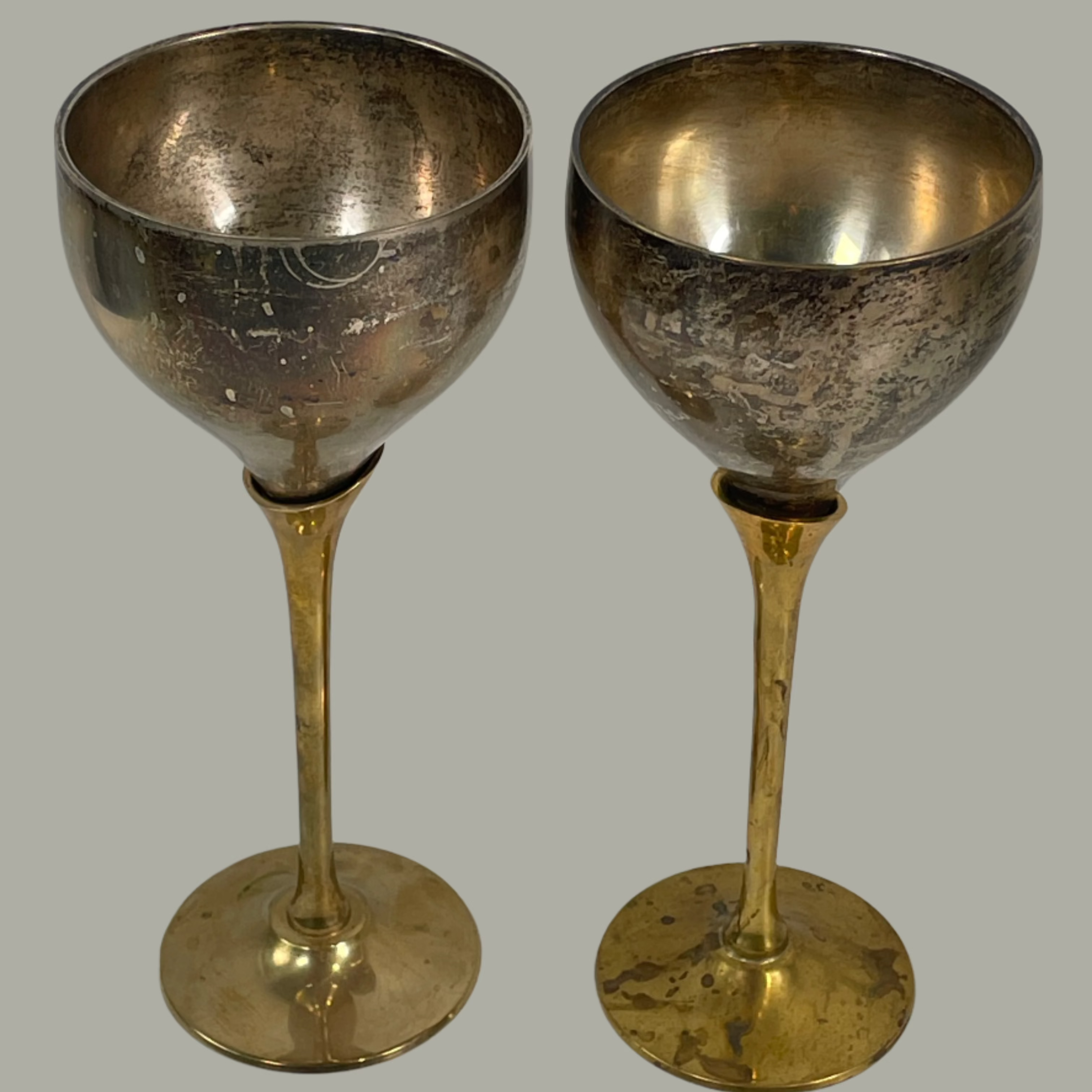 Vintage Brass Goblets – Silver & Yellow Two-Tone – India – Wedding Décor – Set of 2 – EP Brass