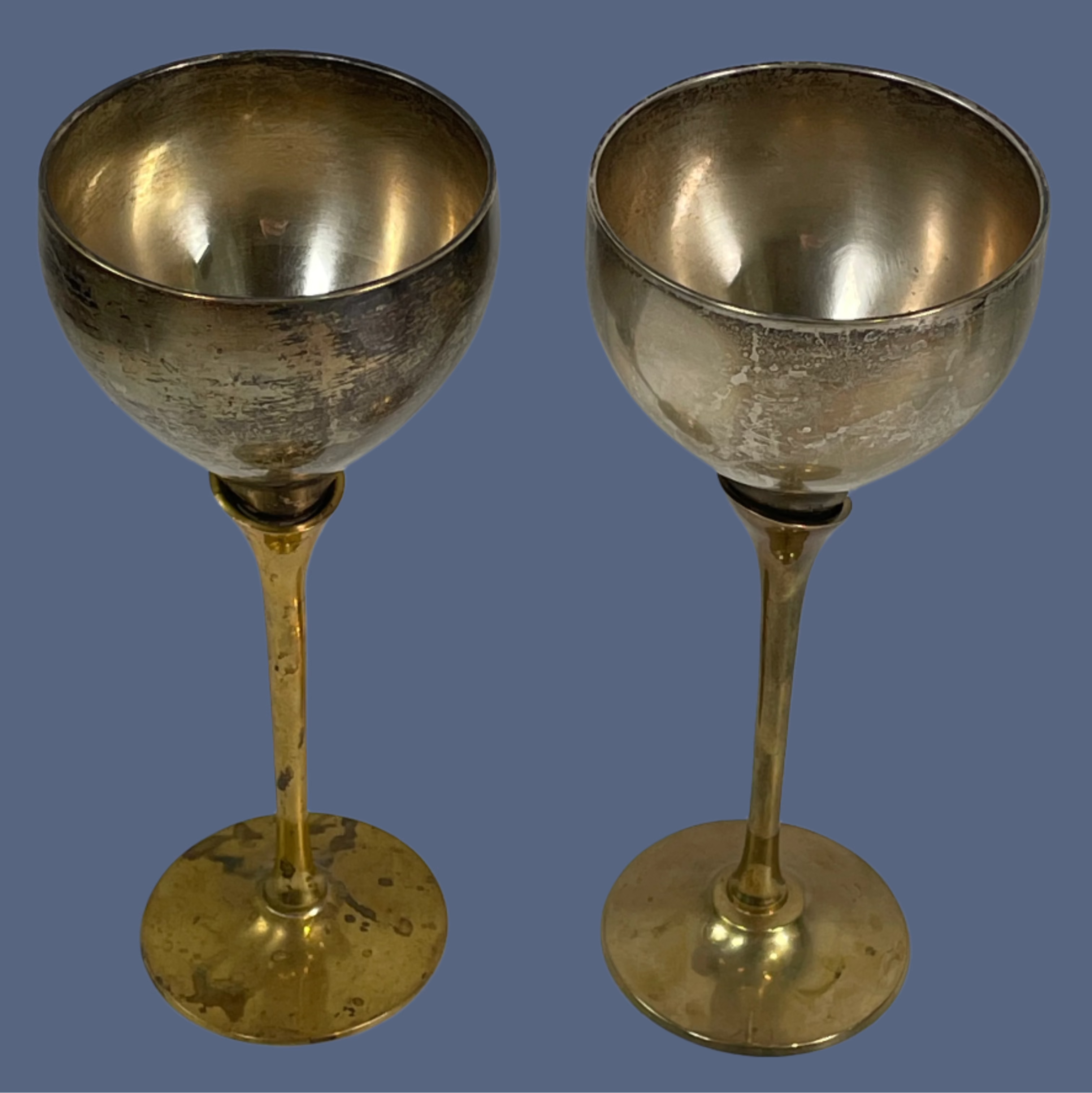 Vintage Brass Goblets – Silver & Yellow Two-Tone – India – Wedding Décor – Set of 2 – EP Brass