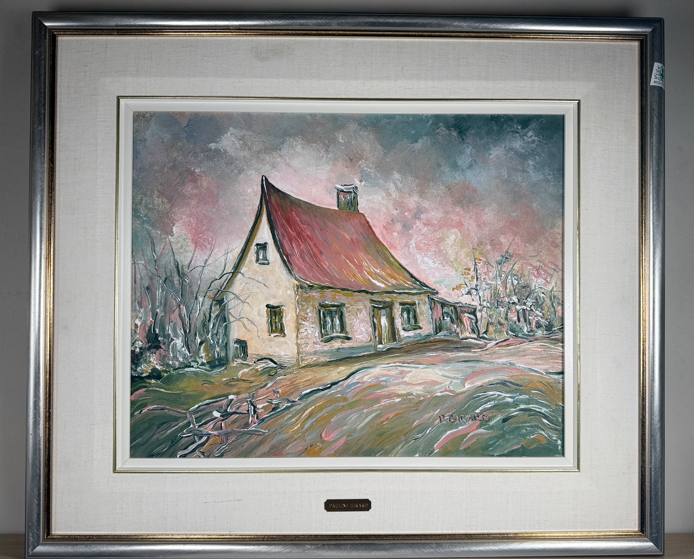 Original Pauline Girard oil painting titled Maison au toit rose. Signed Canadian landscape artwork featuring a rural farmhouse scene in professional frame.