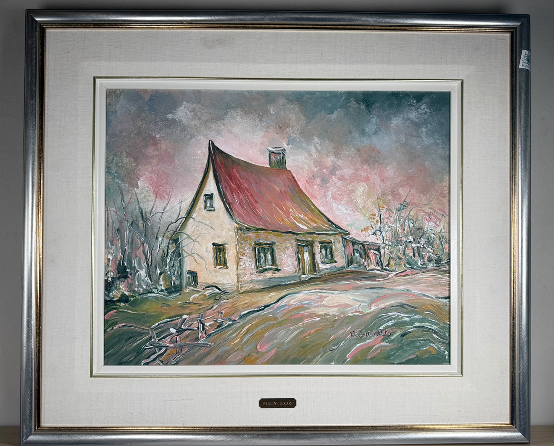 Original Pauline Girard oil painting titled Maison au toit rose. Signed Canadian landscape artwork featuring a rural farmhouse scene in professional frame.