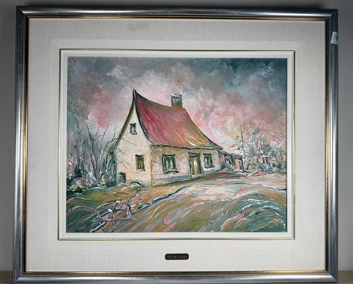 Original Pauline Girard oil painting titled Maison au toit rose. Signed Canadian landscape artwork featuring a rural farmhouse scene in professional frame.