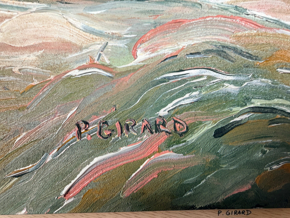 Original Pauline Girard oil painting titled Maison au toit rose. Signed Canadian landscape artwork featuring a rural farmhouse scene in professional frame.
