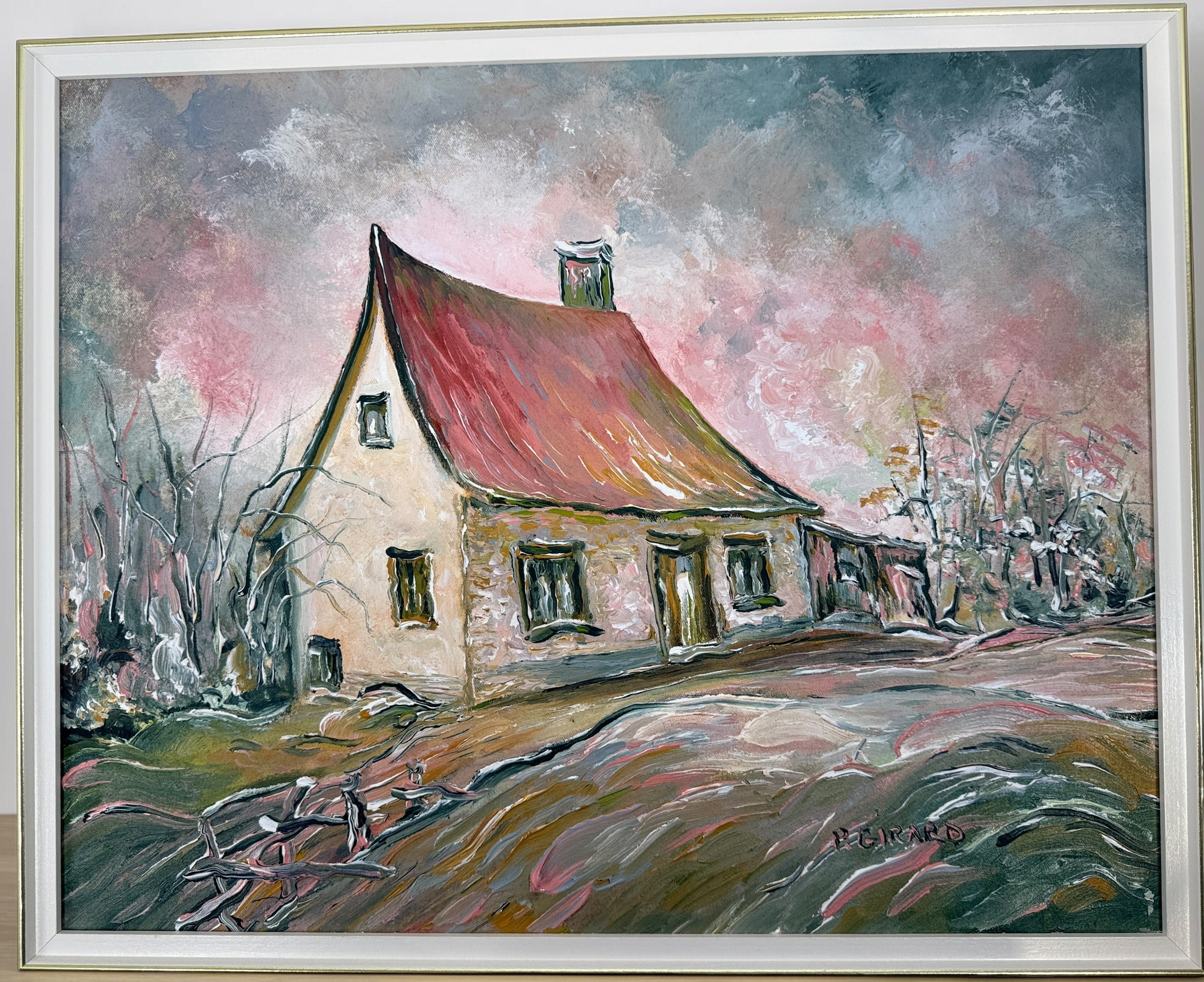 Original Pauline Girard oil painting titled Maison au toit rose. Signed Canadian landscape artwork featuring a rural farmhouse scene in professional frame.
