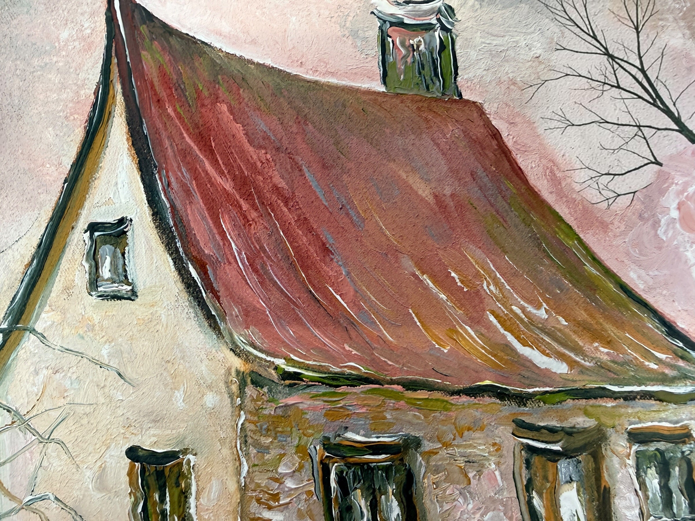 Original Pauline Girard oil painting titled Maison au toit rose. Signed Canadian landscape artwork featuring a rural farmhouse scene in professional frame.