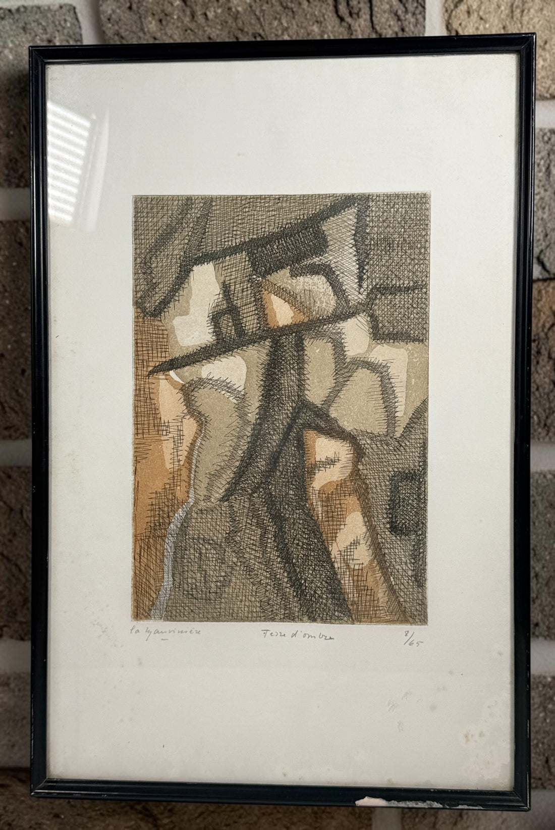 Original signed etching by French artist Élisabeth De la Mauvinière titled Terres d’Ombre, edition 8/65. Mid-century abstract modernist artwork professionally framed.
