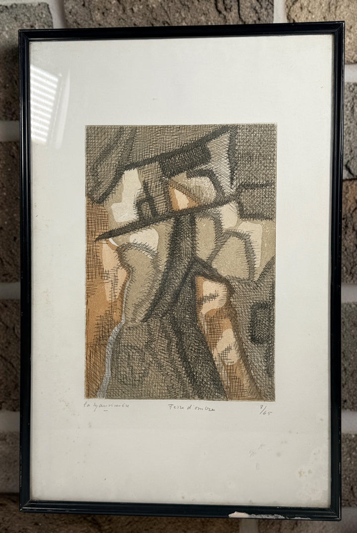 Original signed etching by French artist Élisabeth De la Mauvinière titled Terres d’Ombre, edition 8/65. Mid-century abstract modernist artwork professionally framed.