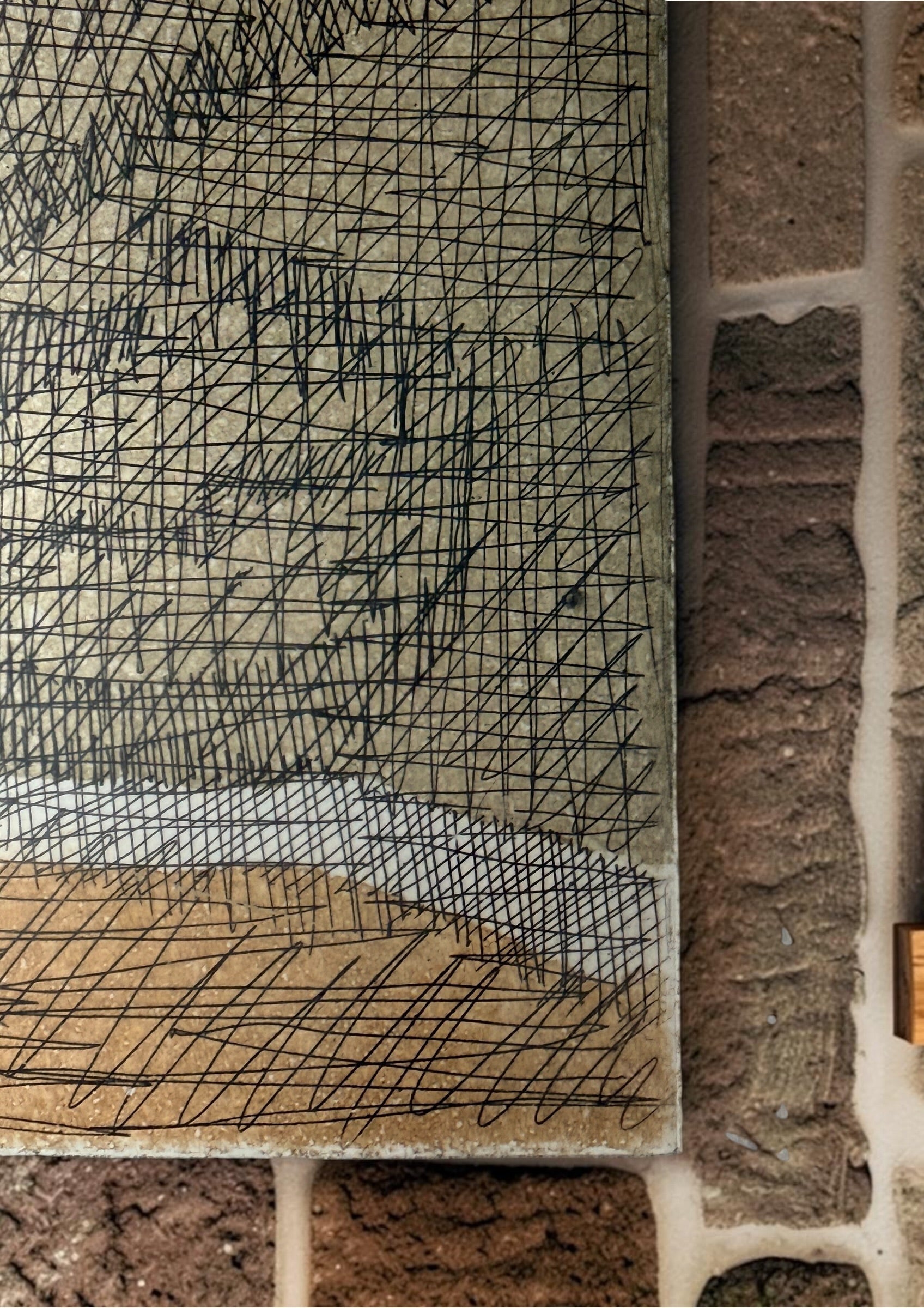 Original signed etching by French artist Élisabeth De la Mauvinière titled Terres d’Ombre, edition 8/65. Mid-century abstract modernist artwork professionally framed.