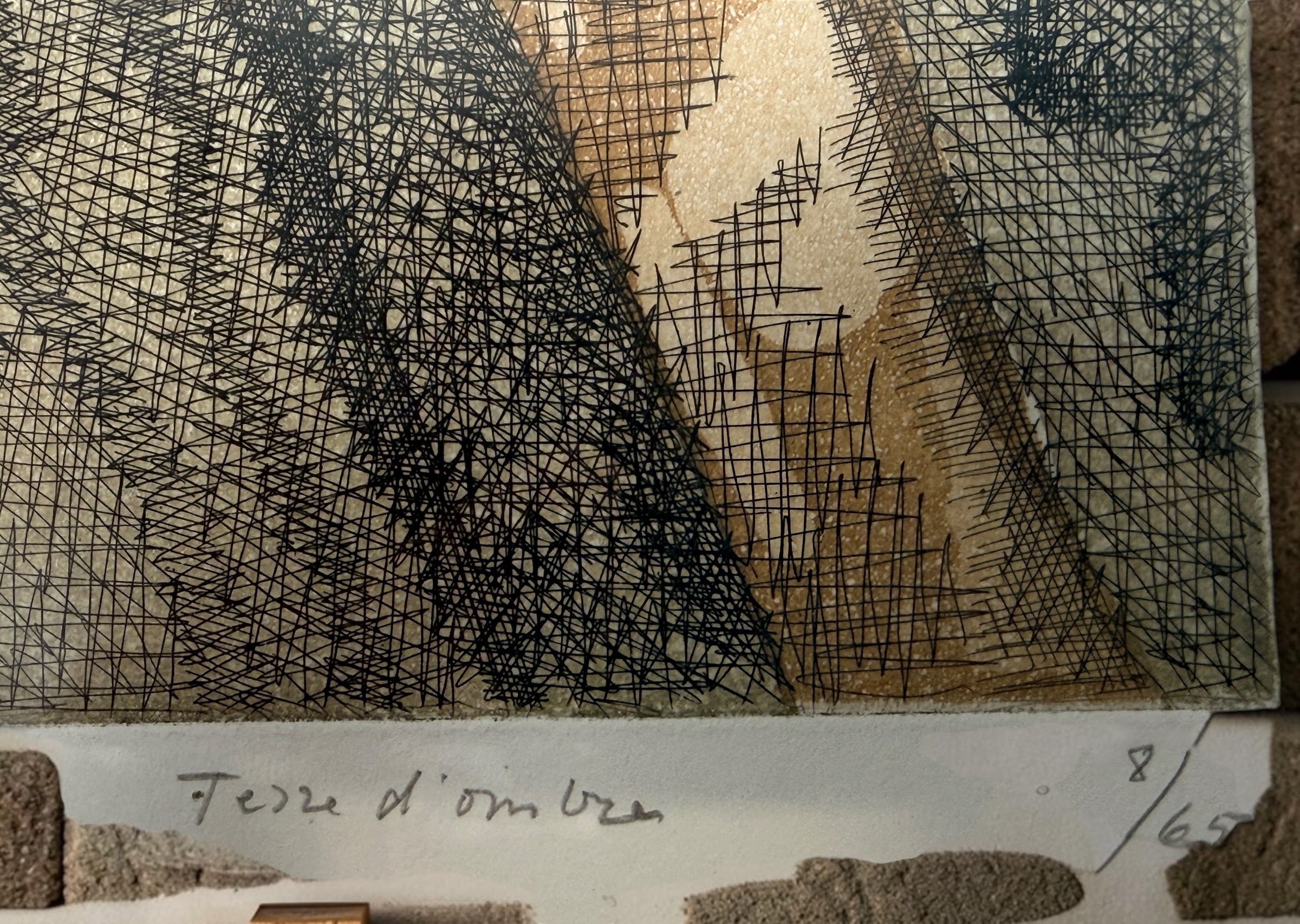 Original signed etching by French artist Élisabeth De la Mauvinière titled Terres d’Ombre, edition 8/65. Mid-century abstract modernist artwork professionally framed.