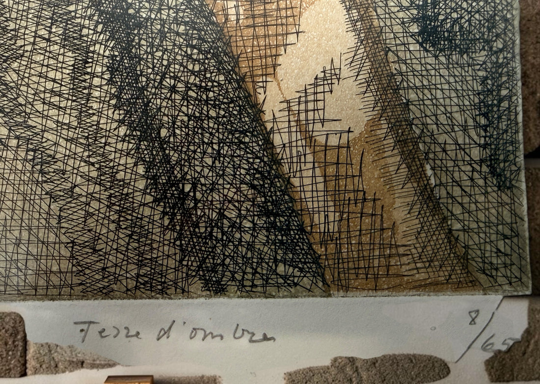 Original signed etching by French artist Élisabeth De la Mauvinière titled Terres d’Ombre, edition 8/65. Mid-century abstract modernist artwork professionally framed.