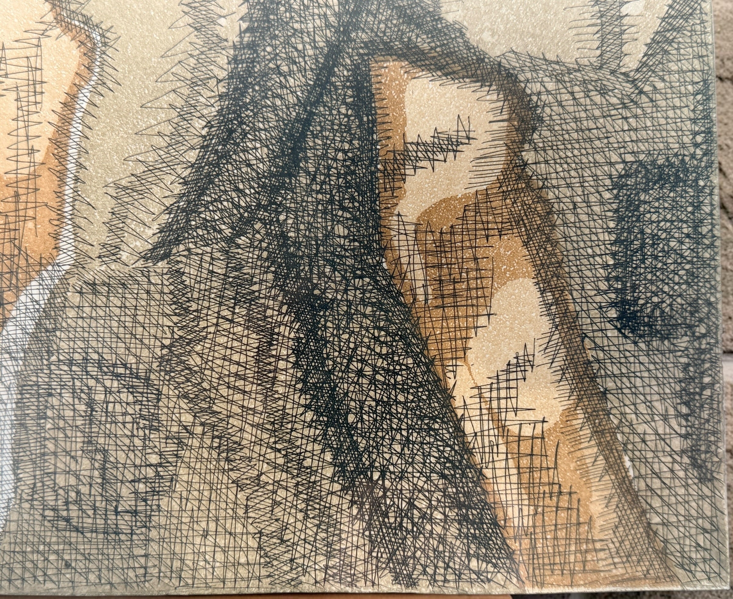 Original signed etching by French artist Élisabeth De la Mauvinière titled Terres d’Ombre, edition 8/65. Mid-century abstract modernist artwork professionally framed.