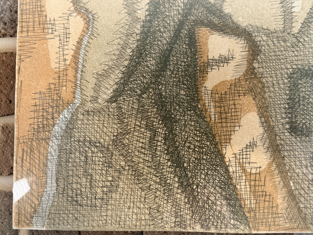 Original signed etching by French artist Élisabeth De la Mauvinière titled Terres d’Ombre, edition 8/65. Mid-century abstract modernist artwork professionally framed.