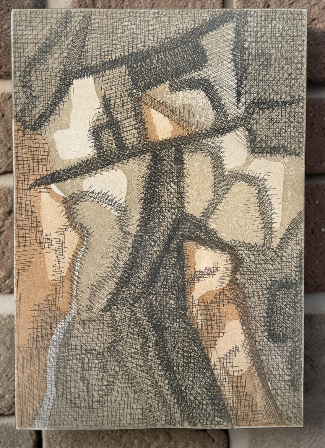 Original signed etching by French artist Élisabeth De la Mauvinière titled Terres d’Ombre, edition 8/65. Mid-century abstract modernist artwork professionally framed.