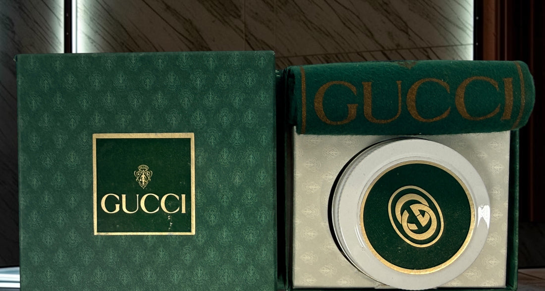 Vintage Gucci shoe care kit with original branded presentation box and Marrone Chiaro leather cream. Authentic luxury accessory from the 1980s–1990s.
