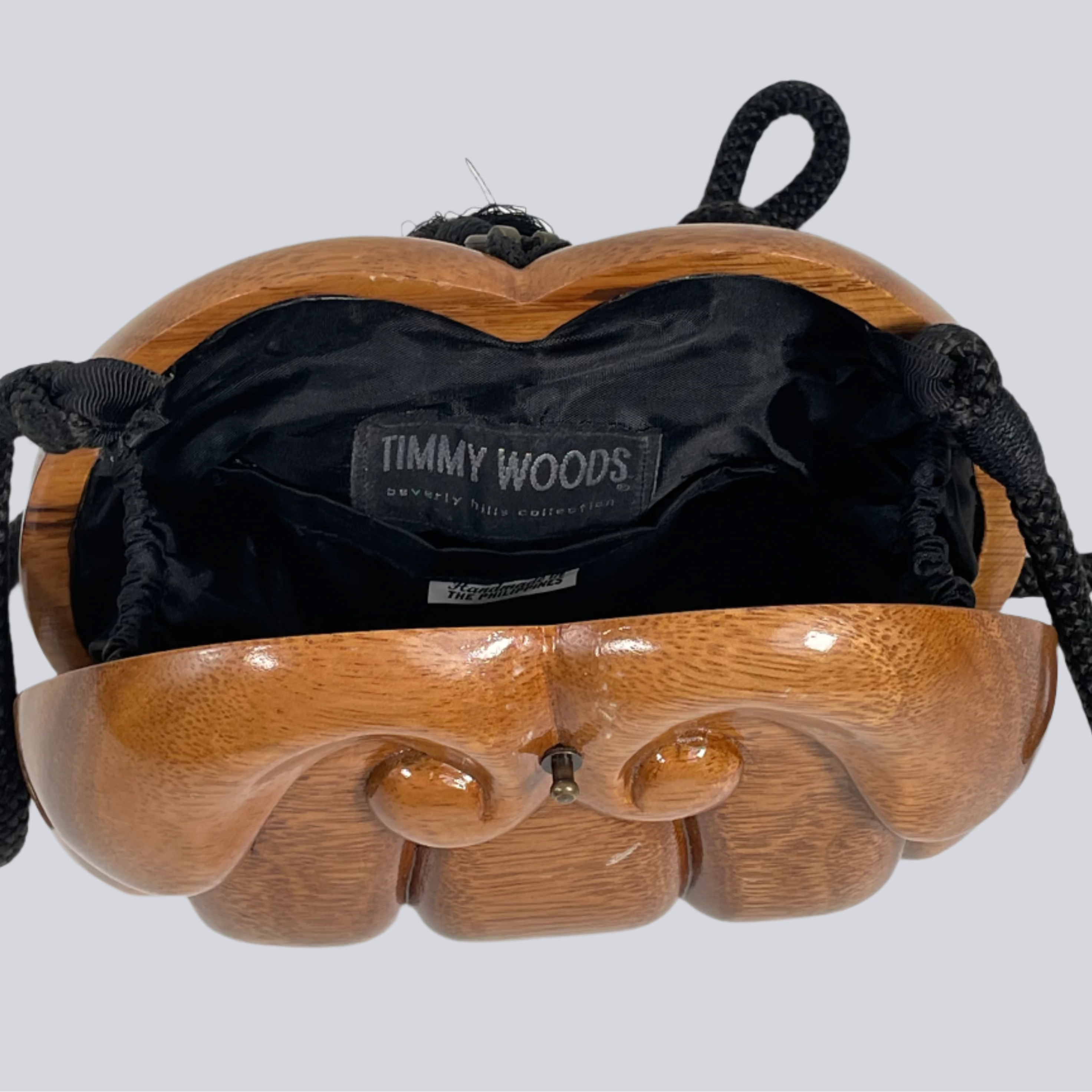 Sac à main vintage Timmy Woods Beverly Hills en bois d'acacia sculpté à la main, unique