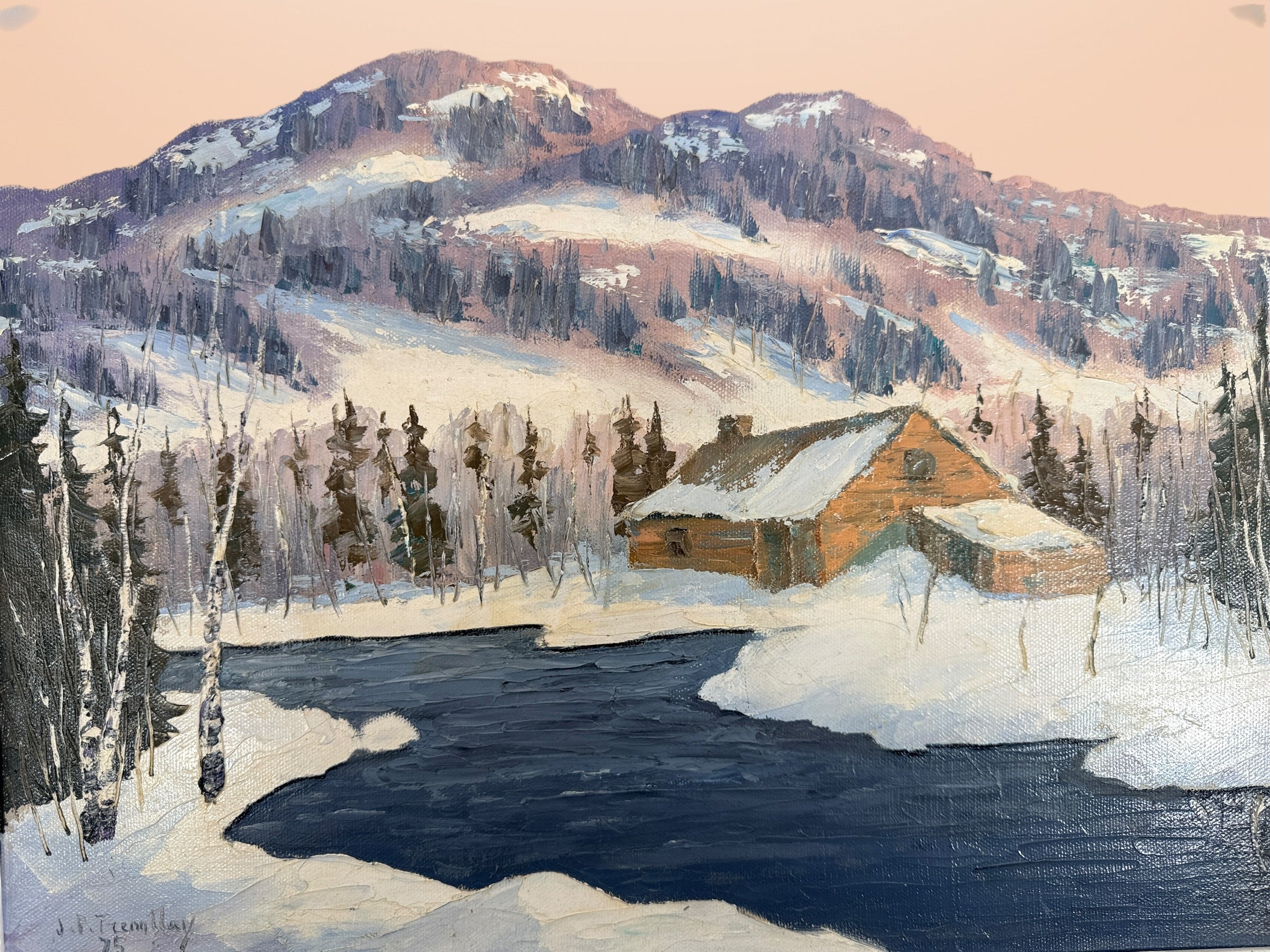 Original 1975 Jean Pierre Tremblay Quebec winter landscape oil painting featuring farmhouse, river, mountains and snow scene in original frame.