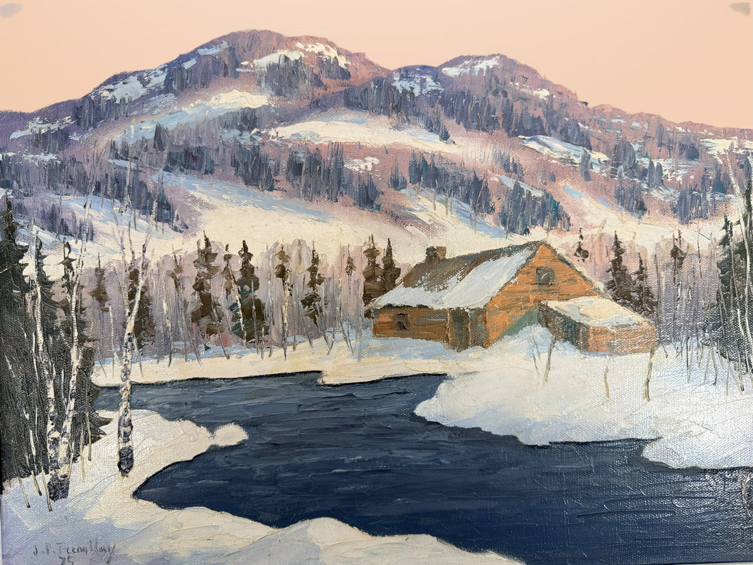 Original 1975 Jean Pierre Tremblay Quebec winter landscape oil painting featuring farmhouse, river, mountains and snow scene in original frame.