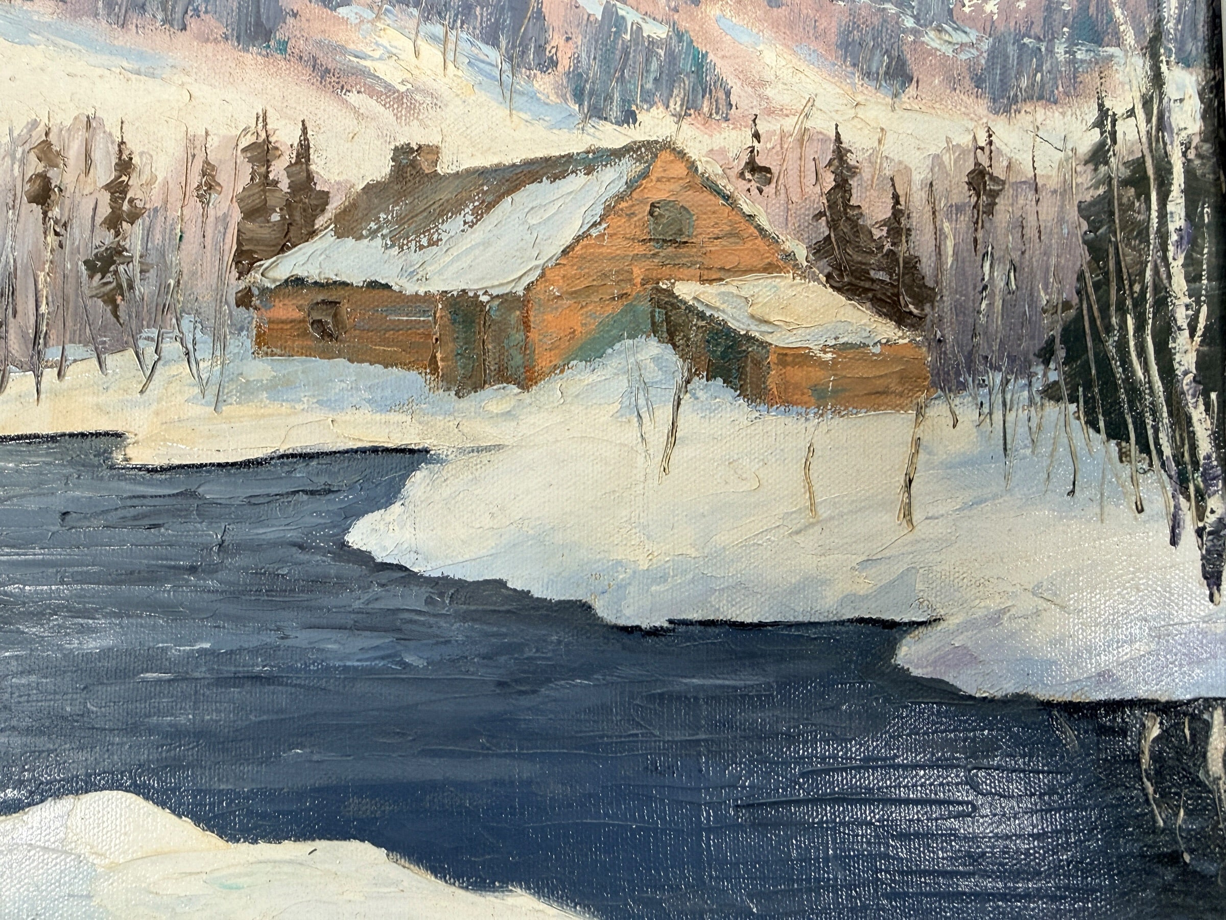 Original 1975 Jean Pierre Tremblay Quebec winter landscape oil painting featuring farmhouse, river, mountains and snow scene in original frame.